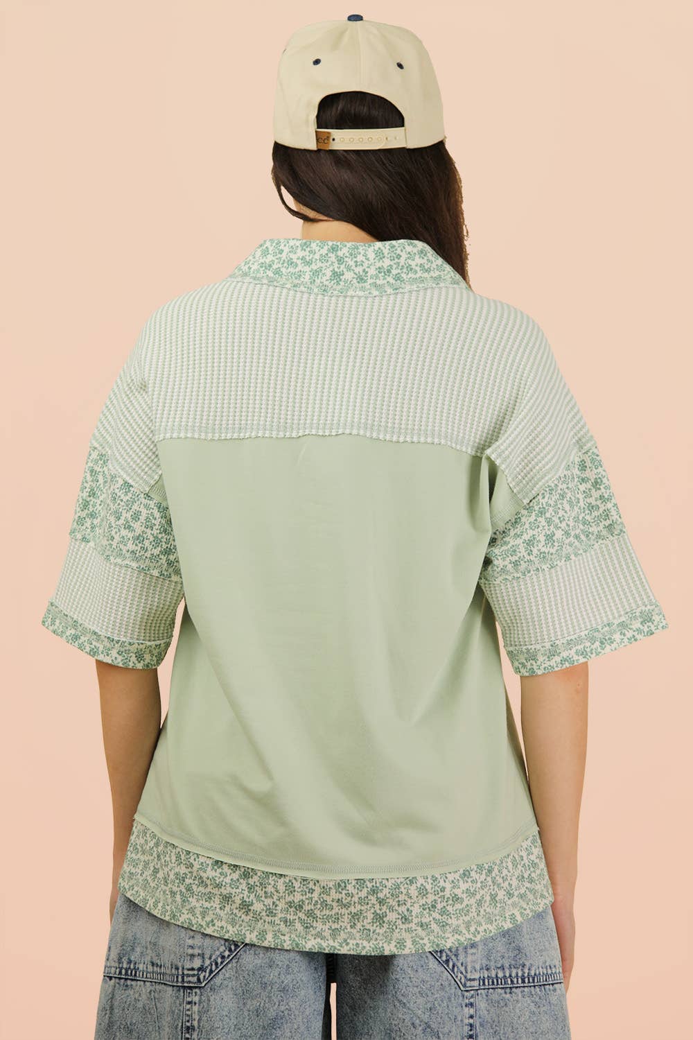 Oversized Half Button Down Collared Knit Top: SAGE