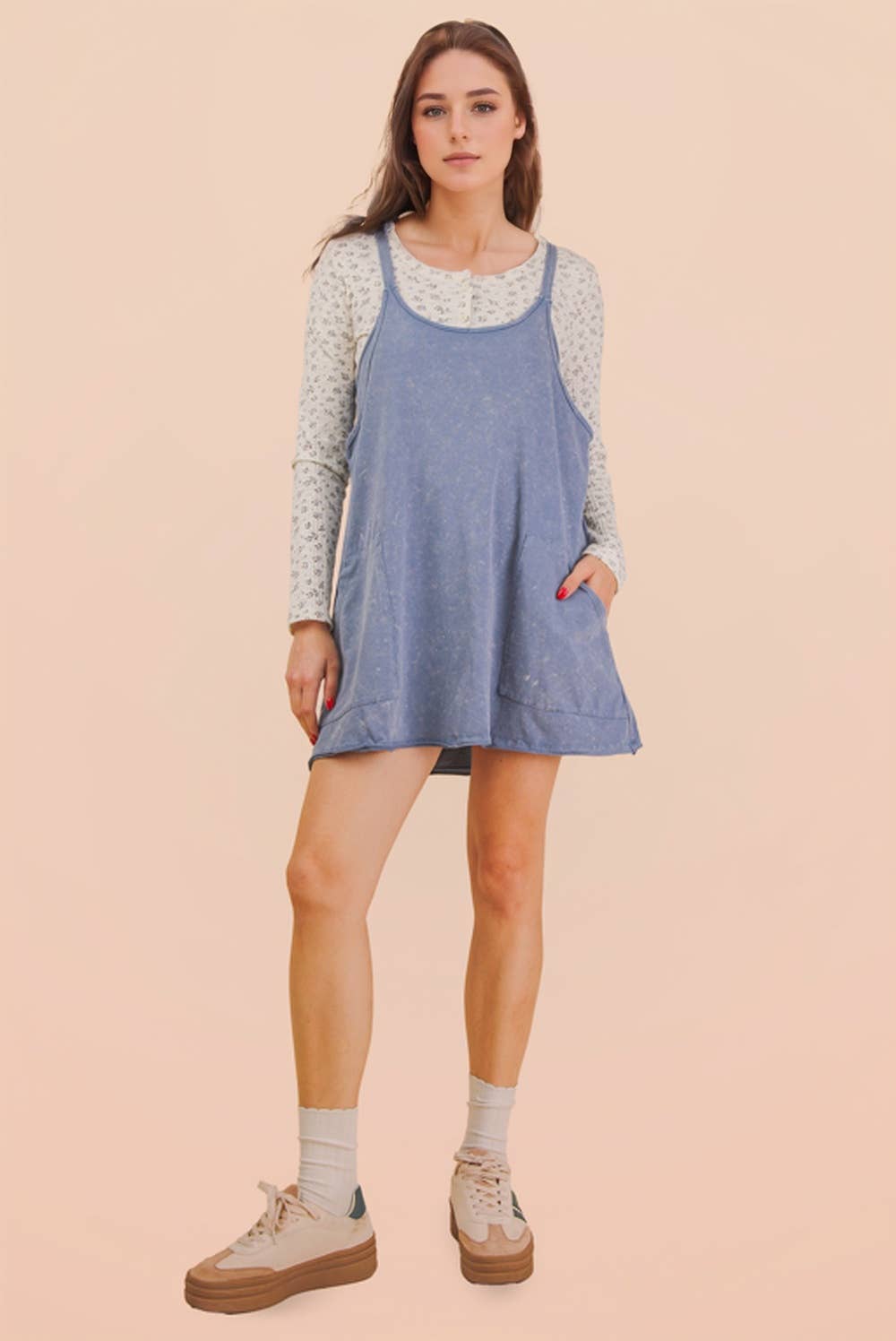 Mineral Washed Knit Mini Dress with Shorts Inside : HOT PINK