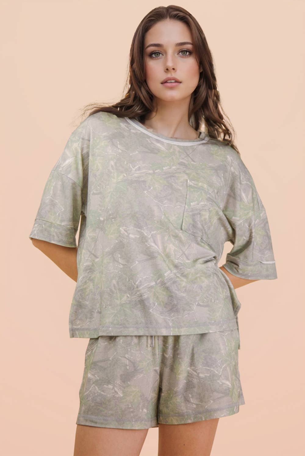 Camo Print Casual Knit Top & Shorts Set: OLIVE MIX
