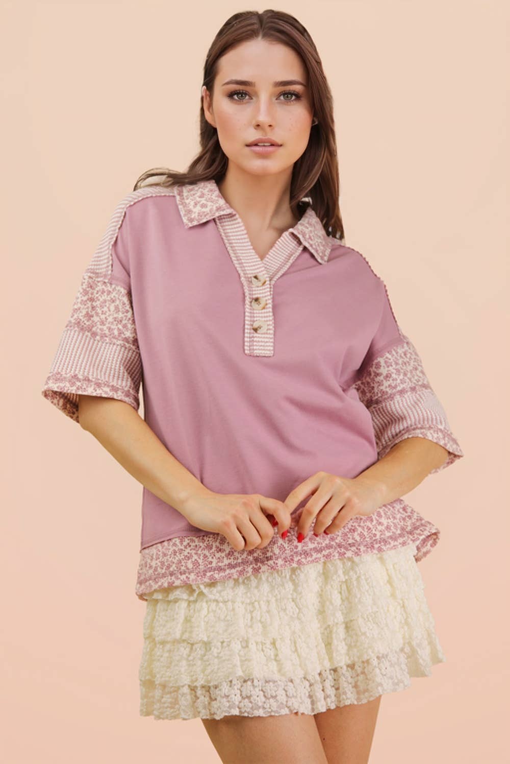 Oversized Half Button Down Collared Knit Top: SAGE