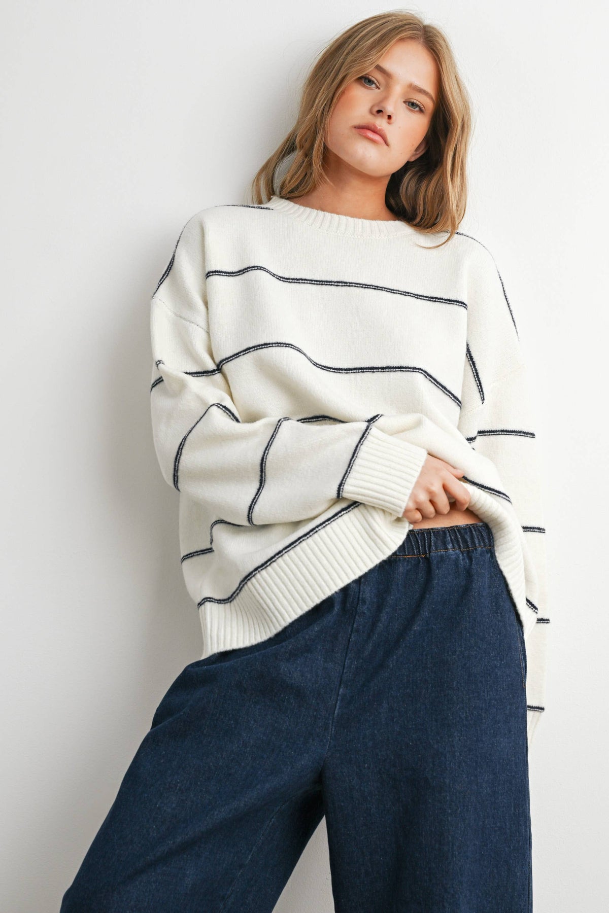 Striped Pattern Drop Shoulder Sweater - BMW7421: TAUPE MULTI / M