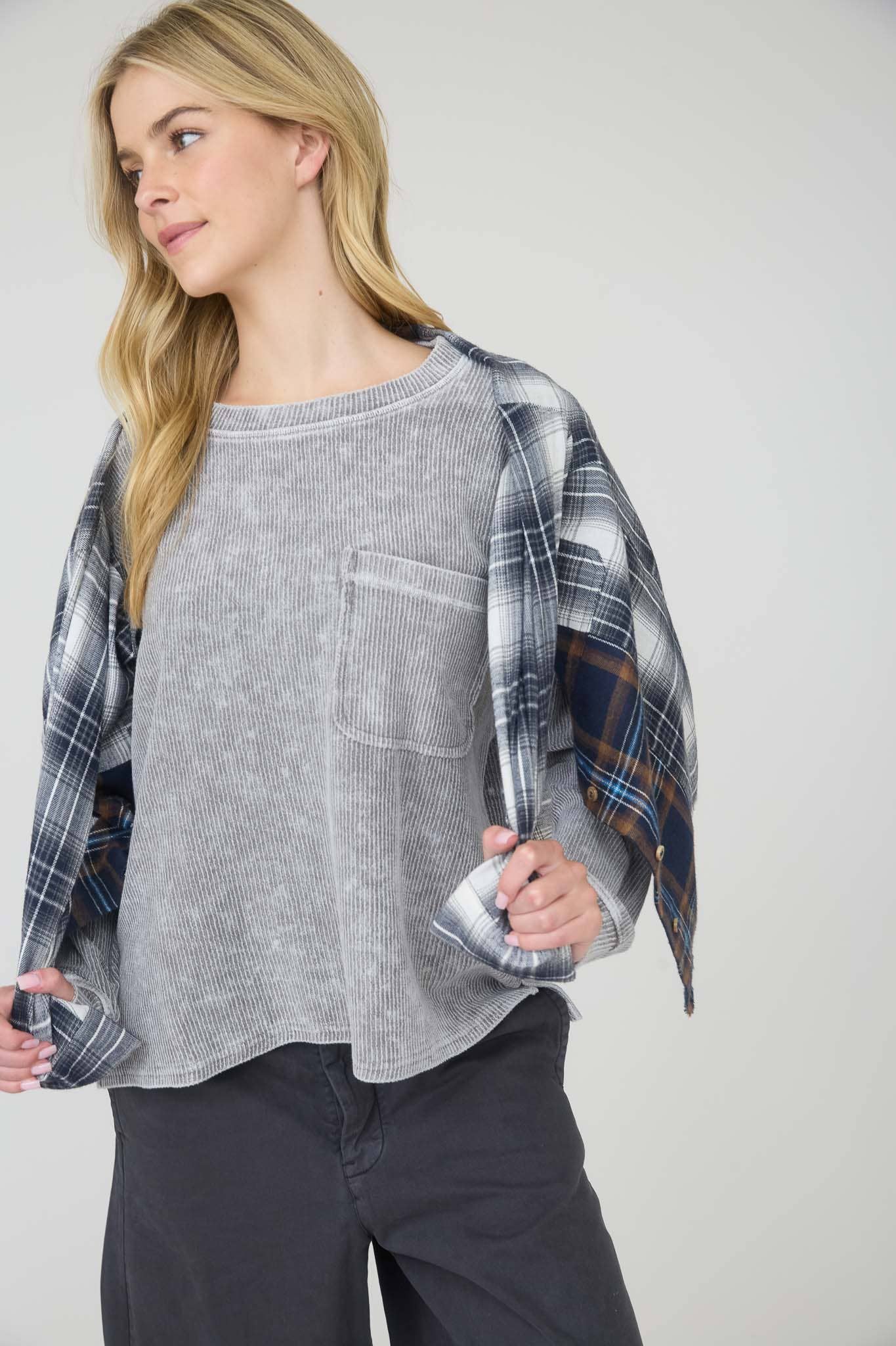 WASHED POCKET DETAIL LONG SLEEVE RIB KNIT TOP : CHARCOAL