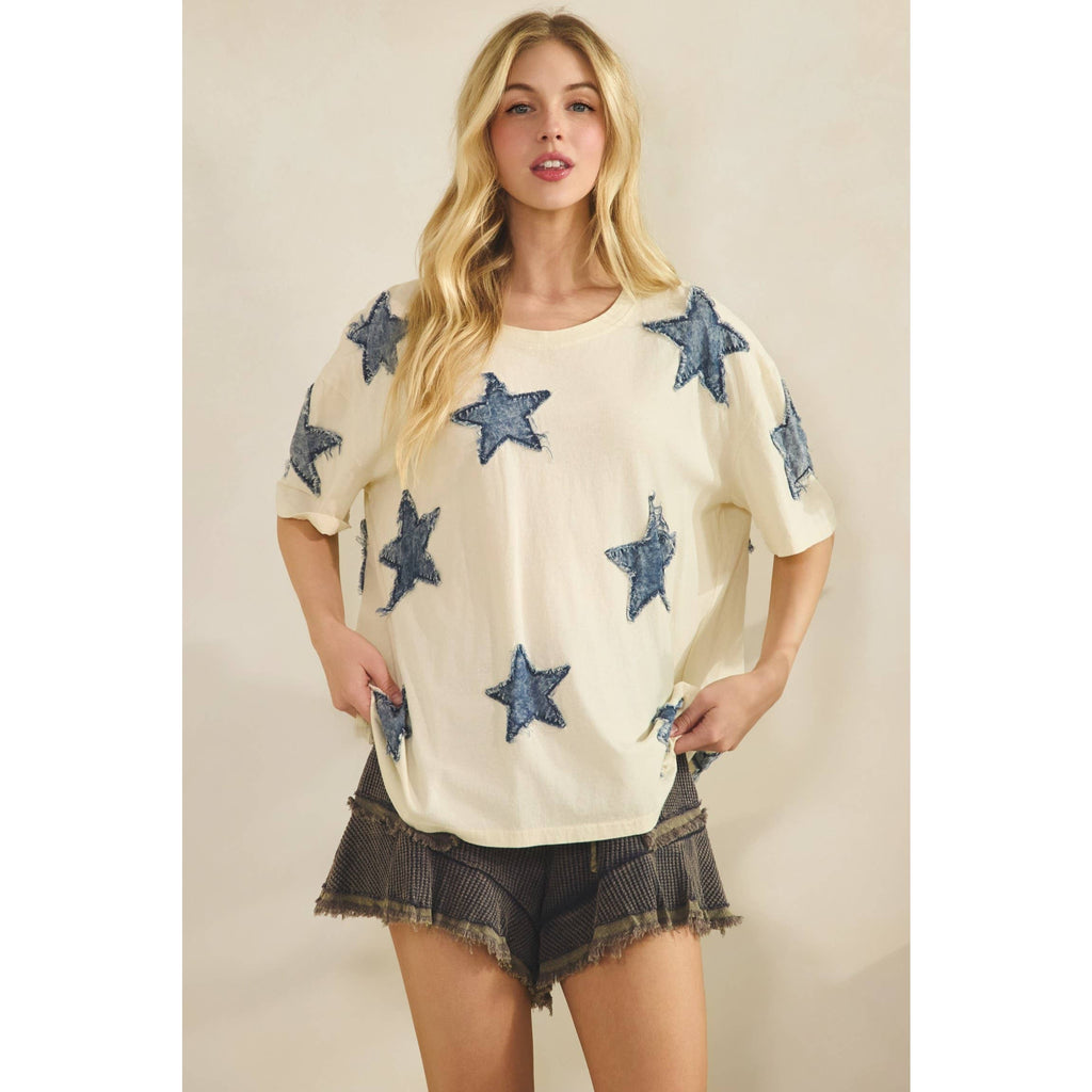 STARLIT DENIM APPLIQUE TEE DUSTY PINK