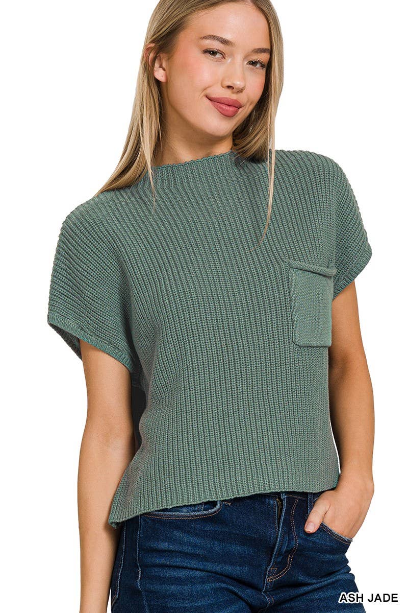 Mock Neck Short Sleeve Cropped Sweater: ASH JADE