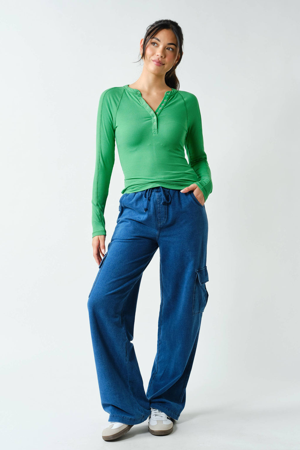 Essential Long-Sleeved Micro-Ribbed Henley Top: BLUSHED BRICK