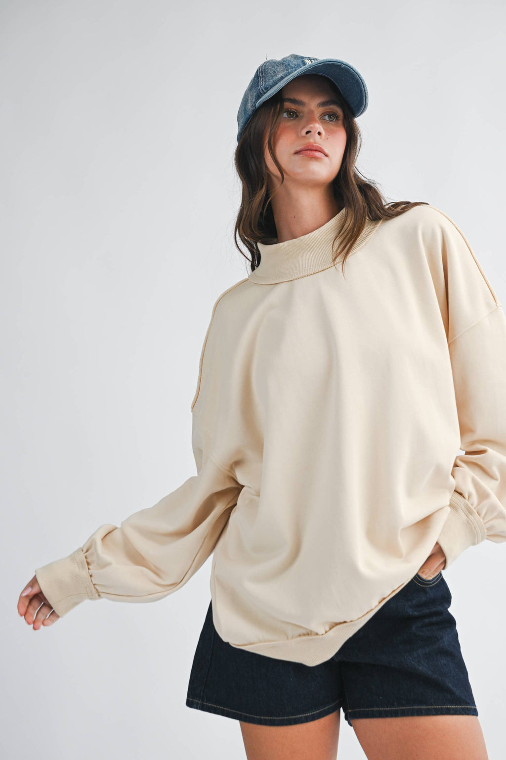 Oversized Mock Neck Washed Sweatshirt: Electric Pink