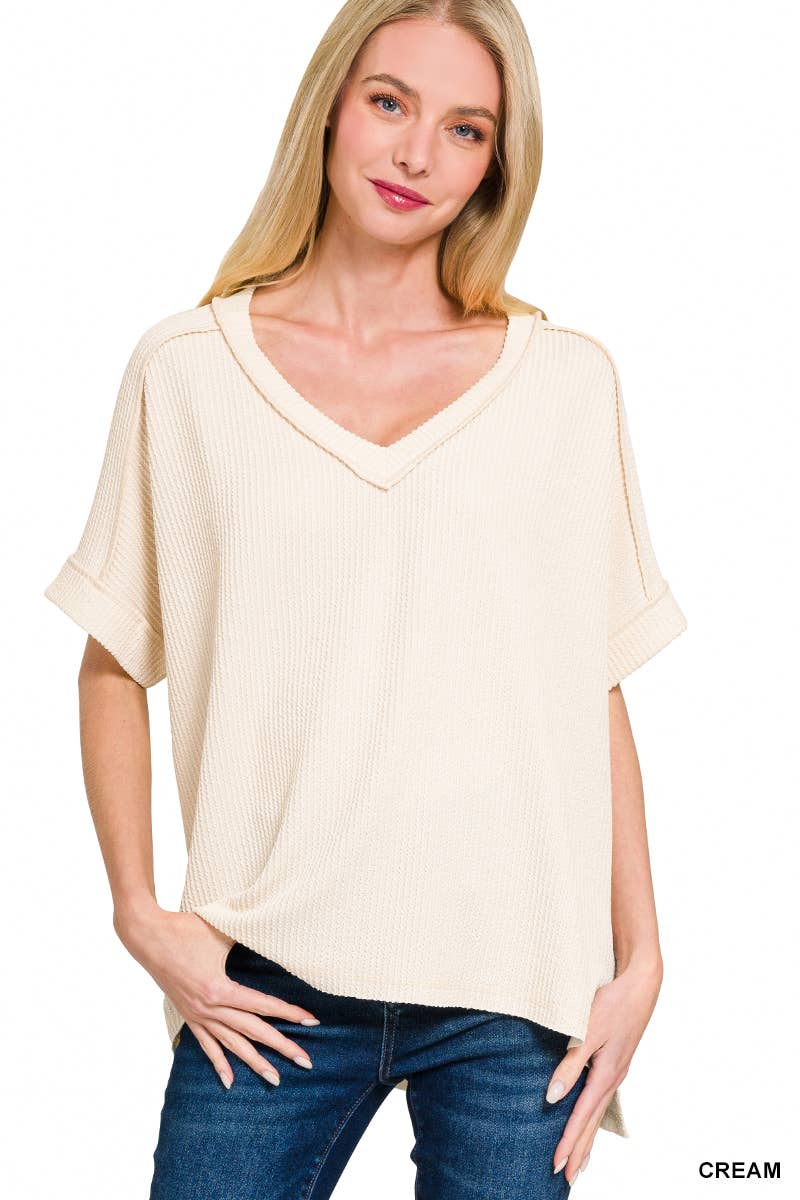 Corded Rib Short Sleeve Hi Low V Neck Top: BRIGHT BLUE