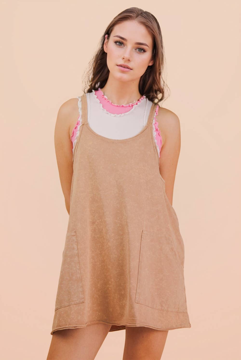 Mineral Washed Knit Mini Dress with Shorts Inside : HOT PINK