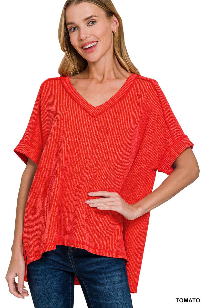 Corded Rib Short Sleeve Hi Low V Neck Top: BRIGHT BLUE