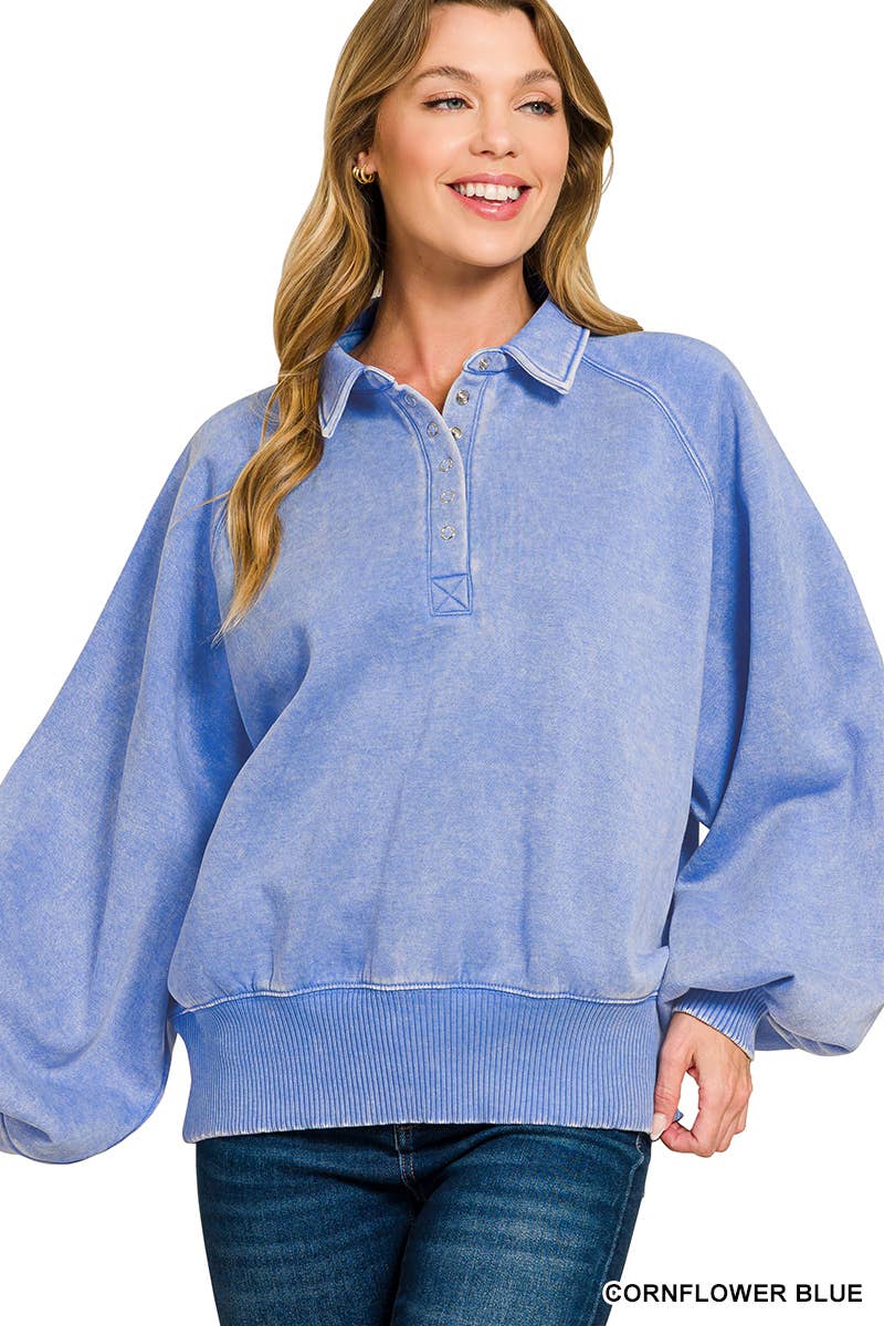 `Washed Fleece Button Up Collared Pullover