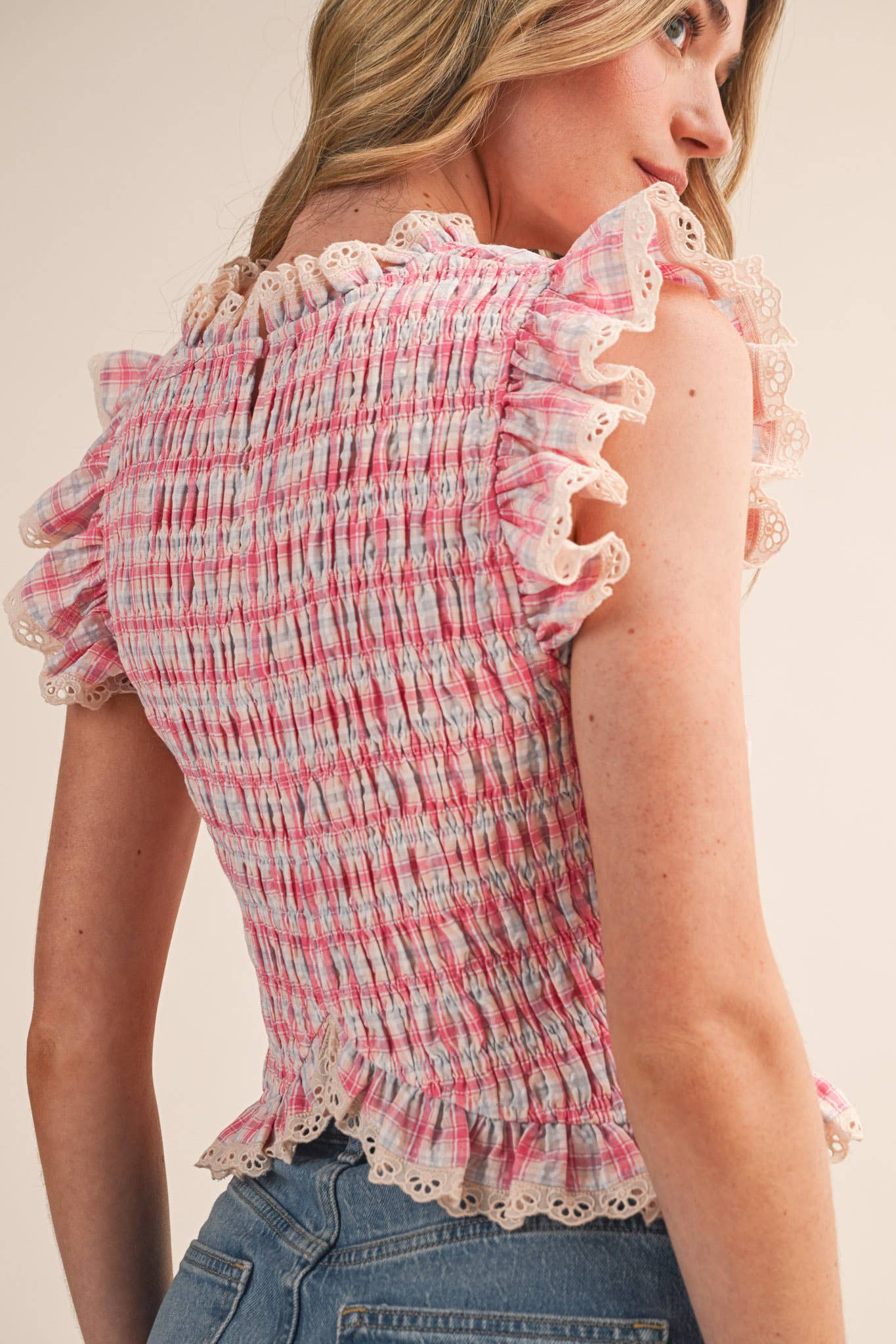 PLAID SMOCKED LACE TRIM TOP: BLUE MULTI CHECKER