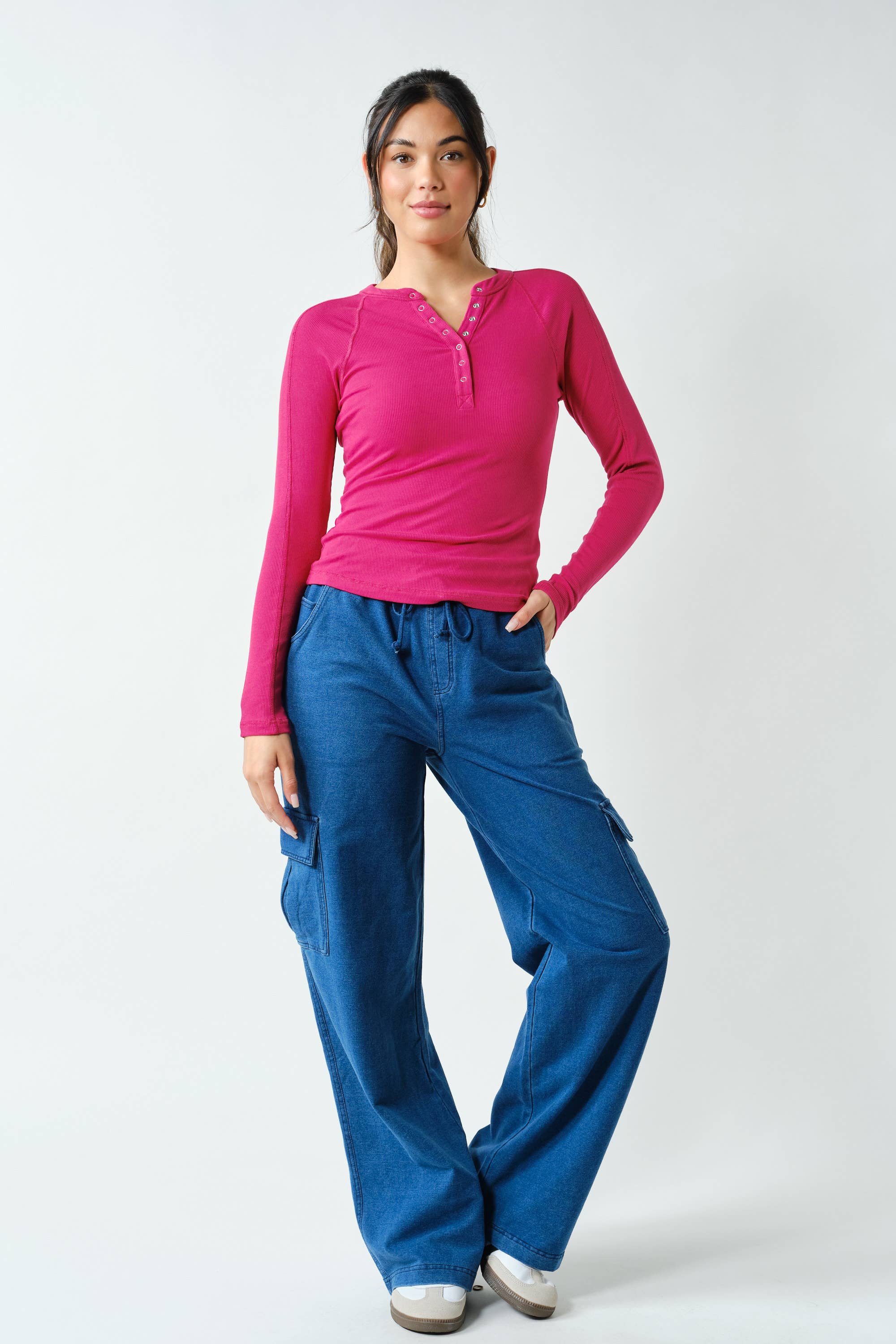 Essential Long-Sleeved Micro-Ribbed Henley Top: YELLOW GLOW