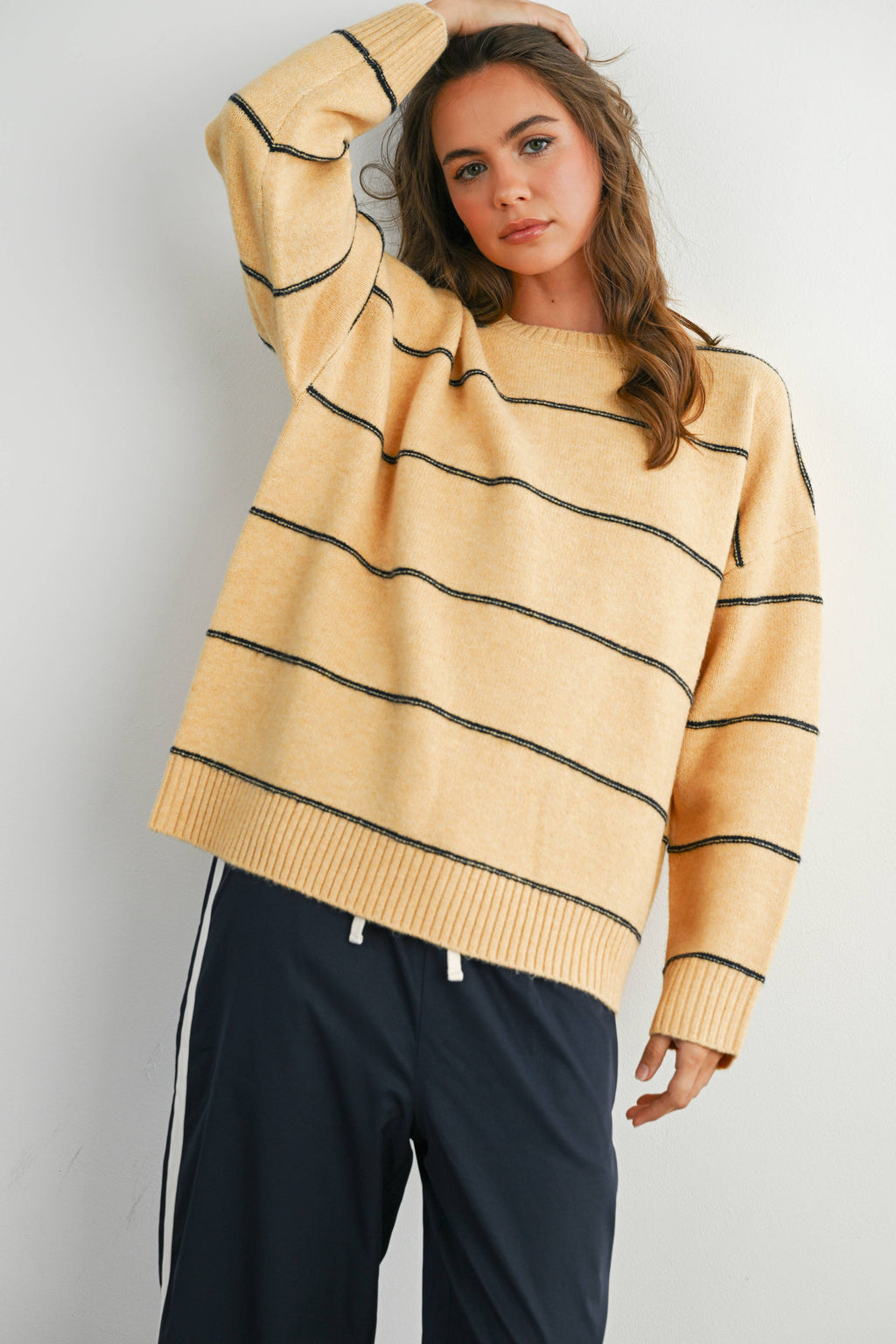 Striped Pattern Drop Shoulder Sweater - BMW7421: TAUPE MULTI / M