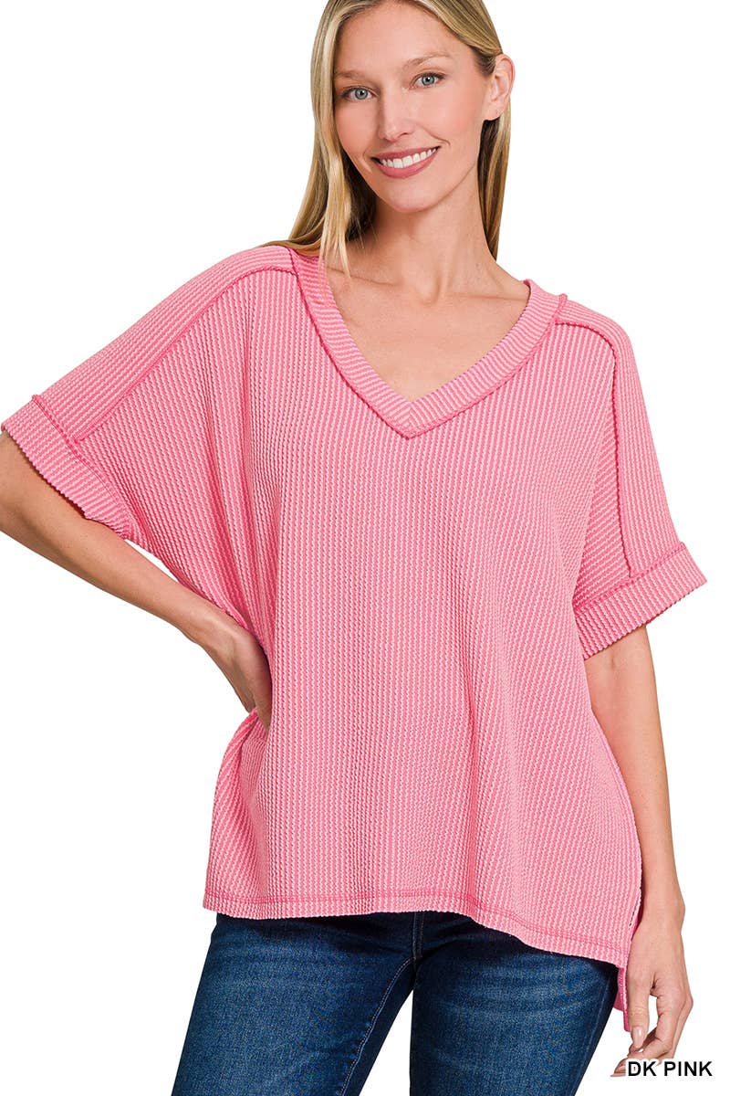 Corded Rib Short Sleeve Hi Low V Neck Top: BRIGHT BLUE