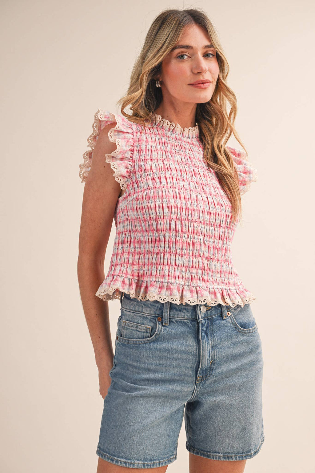 PLAID SMOCKED LACE TRIM TOP: BLUE MULTI CHECKER