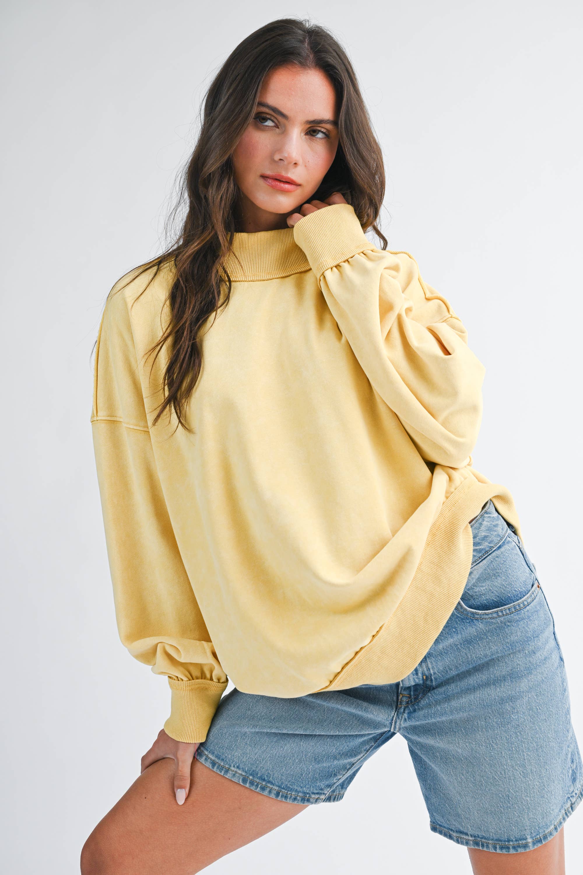 Oversized Mock Neck Washed Sweatshirt: Golden