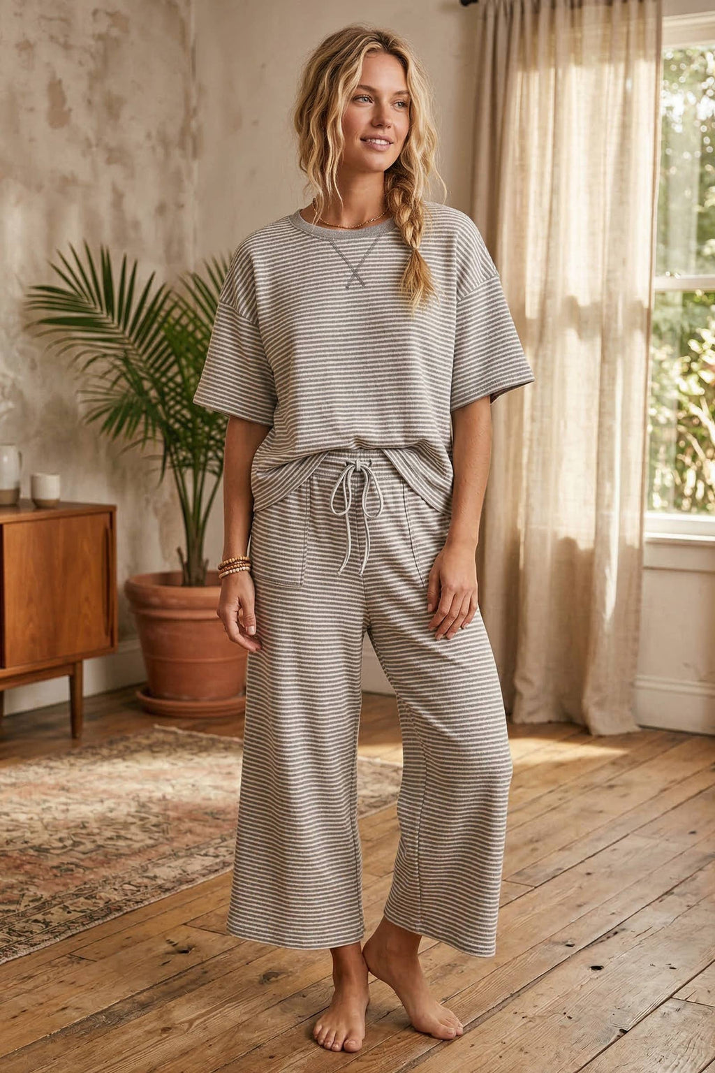 Striped Knit Top and Pants Set: PINK/BROWN