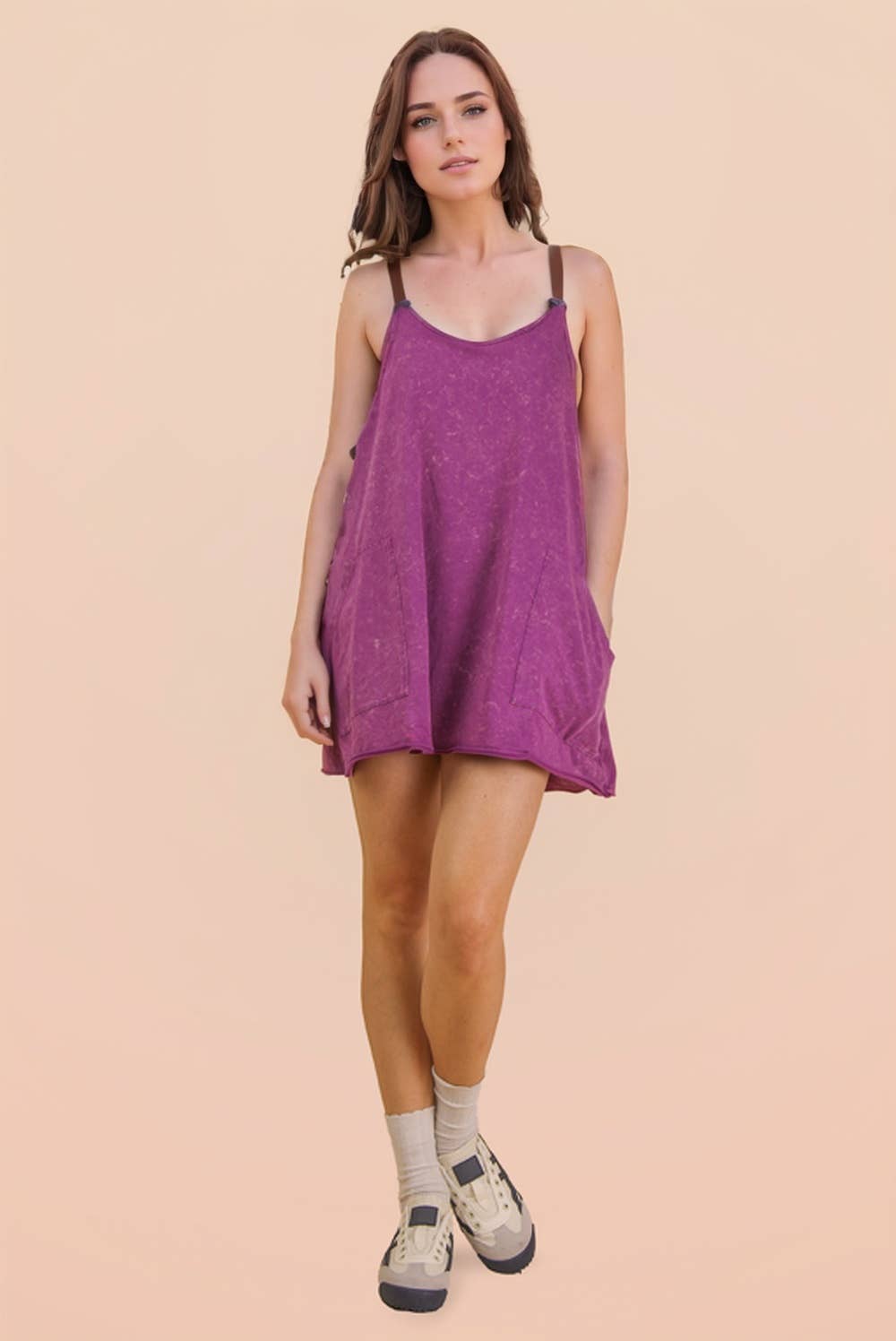 Mineral Washed Knit Mini Dress with Shorts Inside : HOT PINK