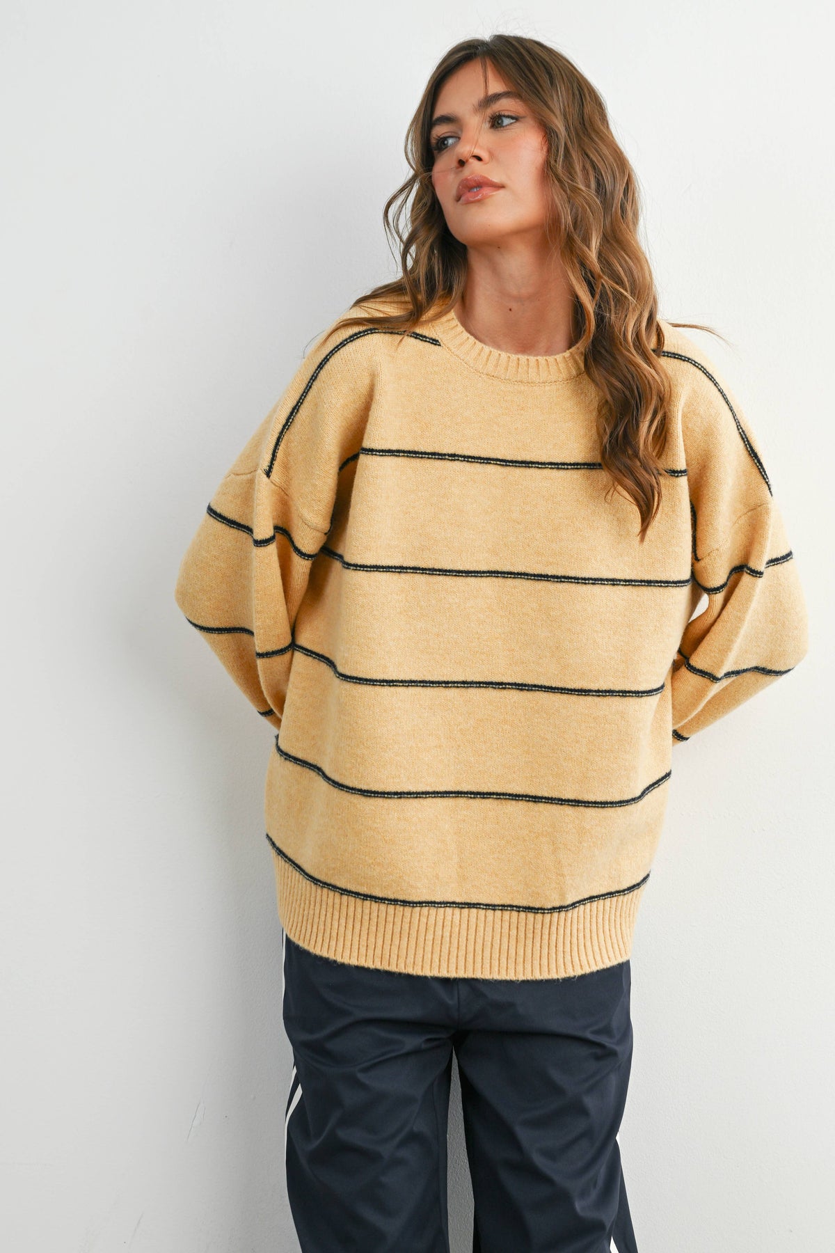 Striped Pattern Drop Shoulder Sweater - BMW7421: TAUPE MULTI / M
