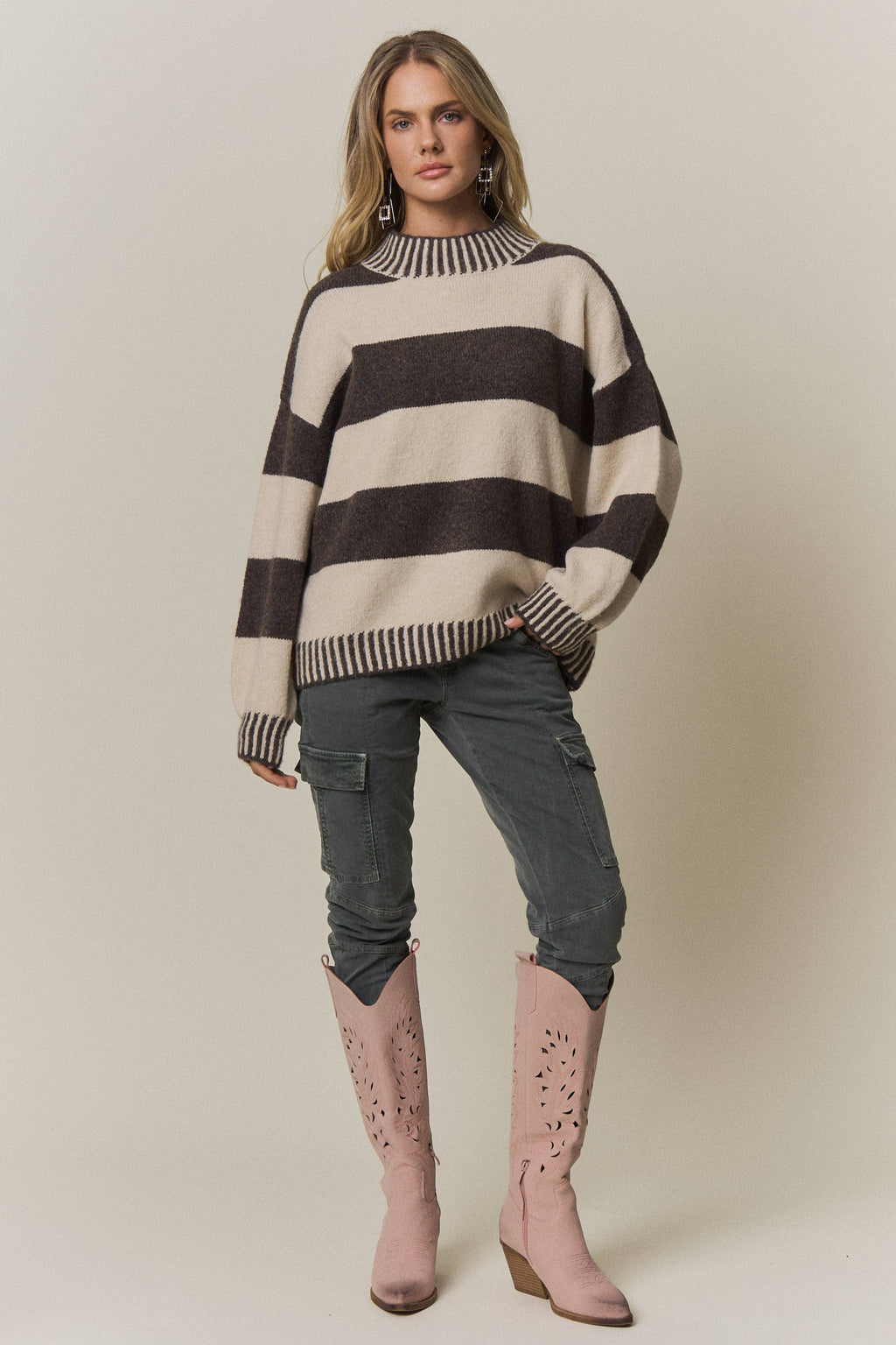 STRIPED MOCK NECK SWEATER