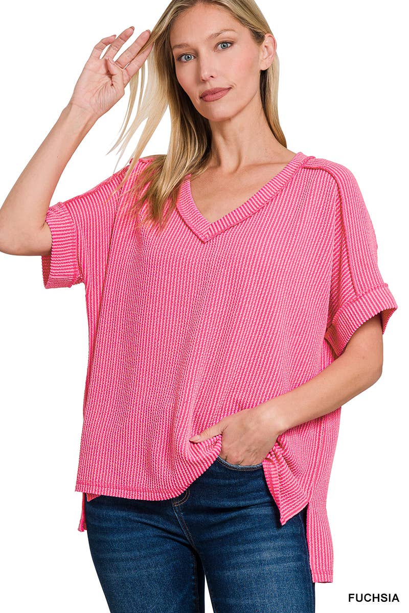 Corded Rib Short Sleeve Hi Low V Neck Top: BRIGHT BLUE