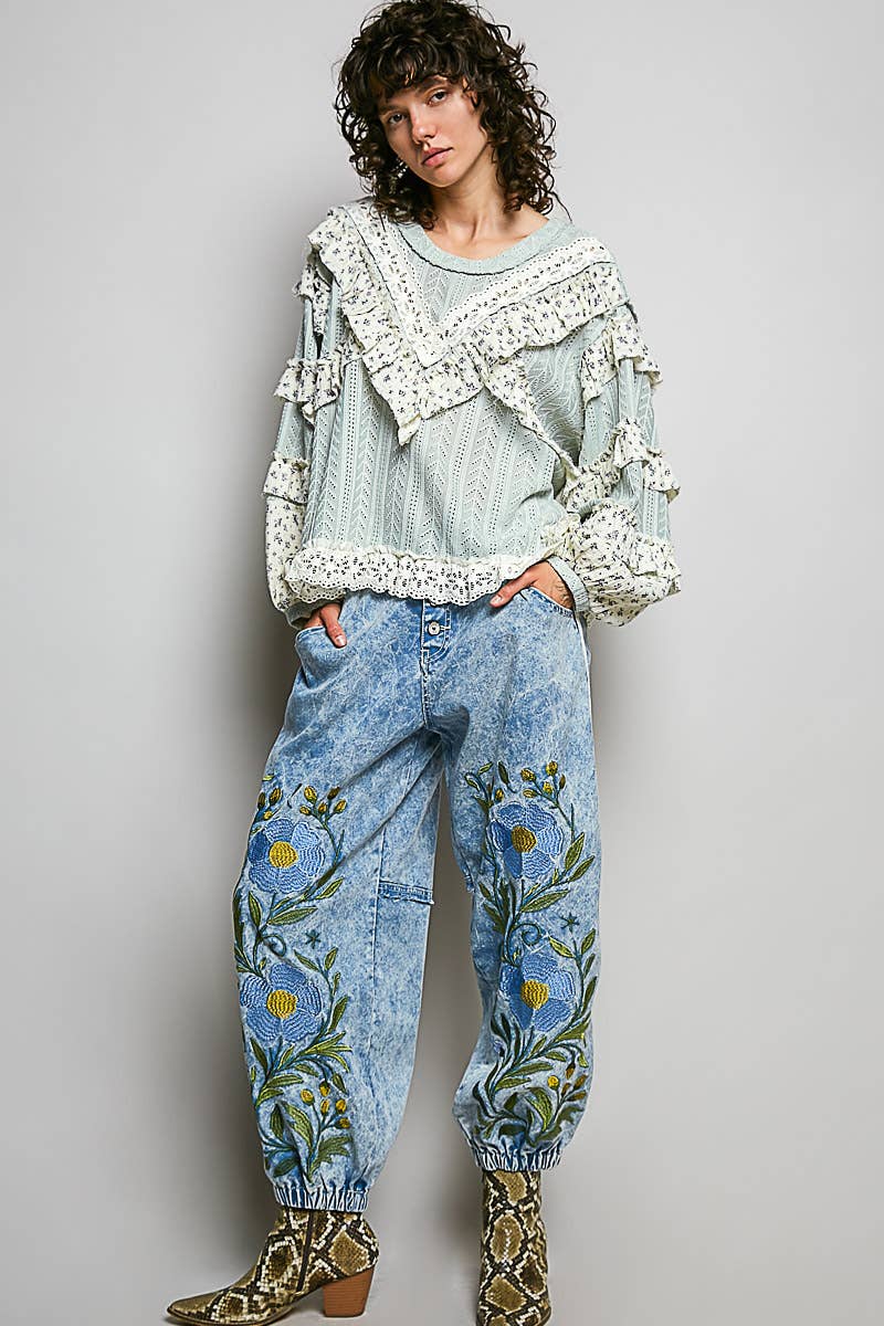 Chevron Knit Lace Inset Ruffle Long Sleeve Top