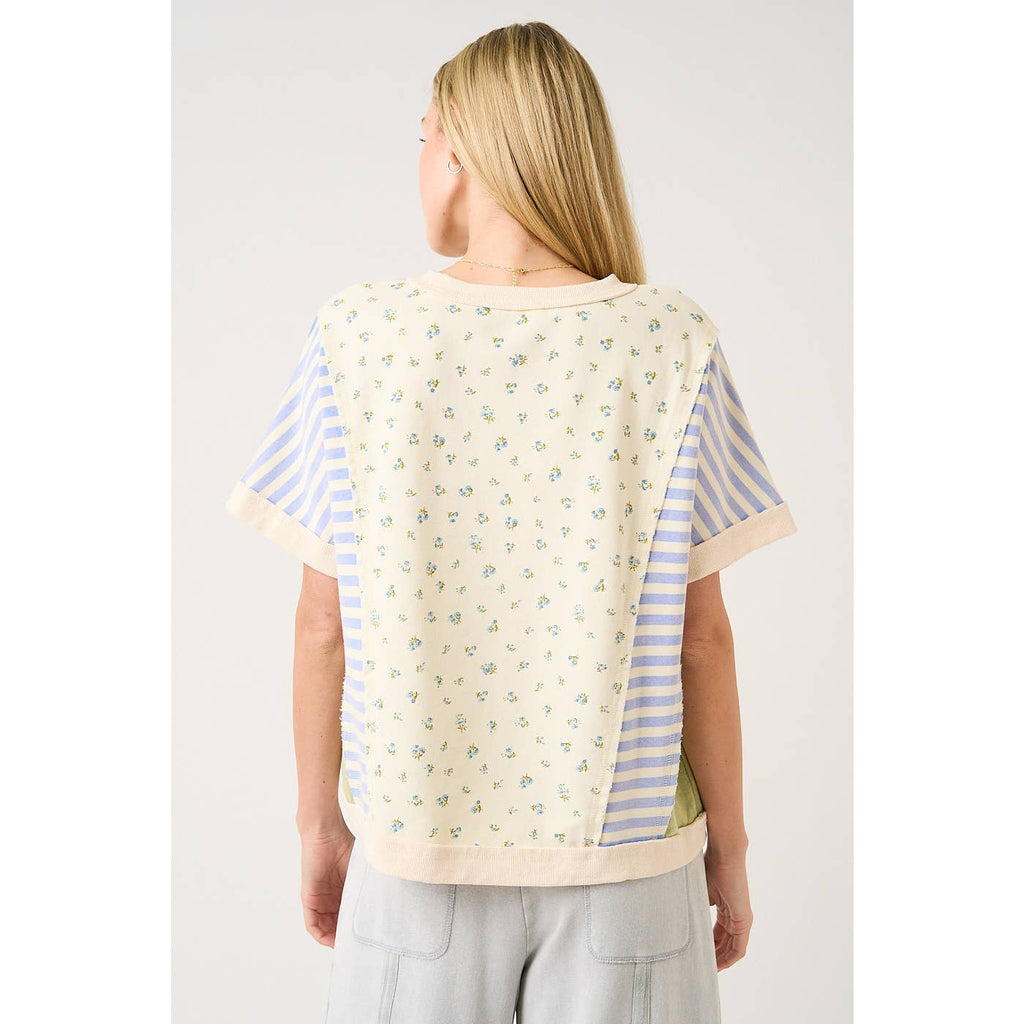 PATCHWORK COLOR BLOCK SHORT SLEEVE TOP: CREAM