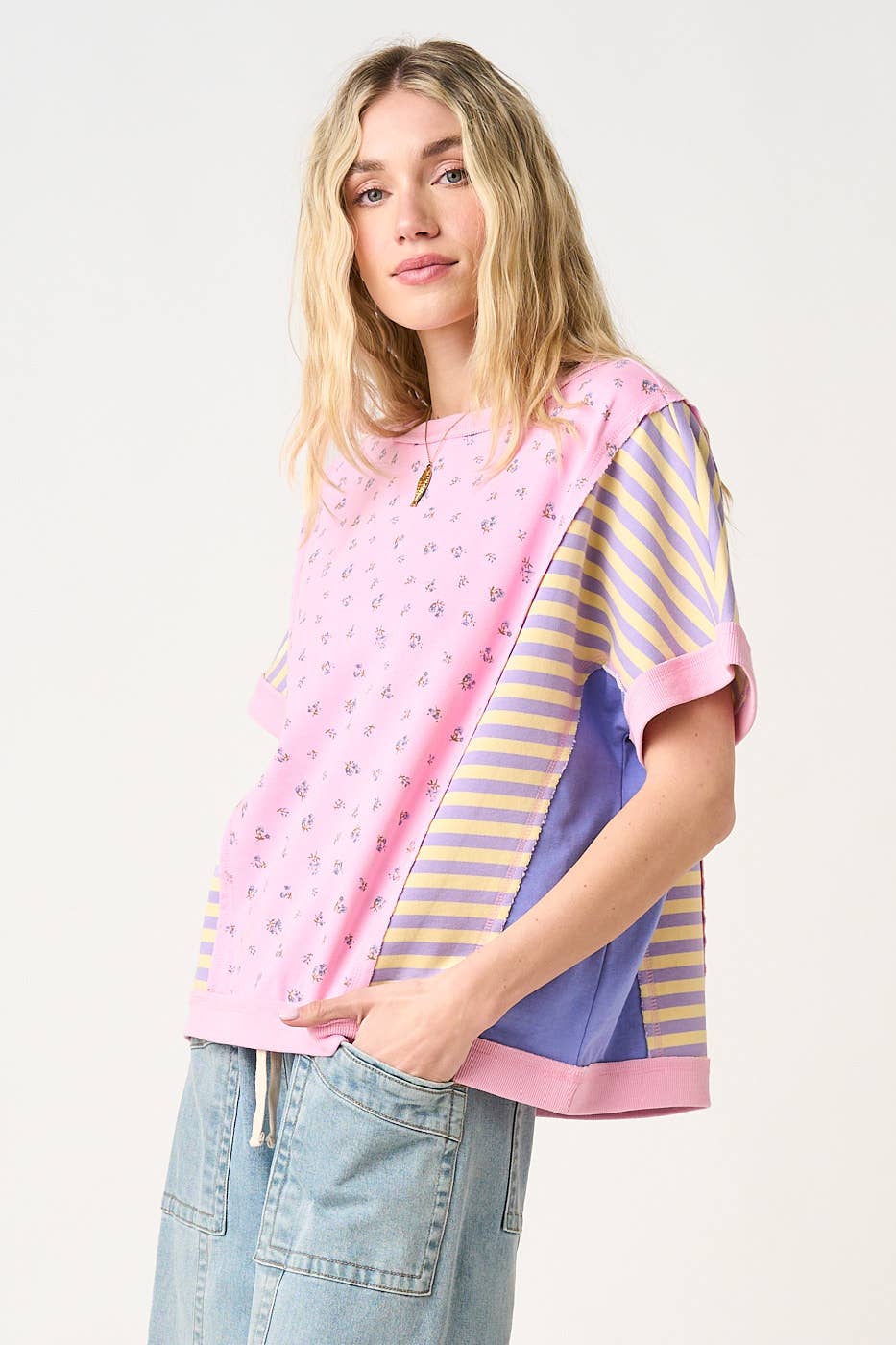 PATCHWORK COLOR BLOCK SHORT SLEEVE TOP: CREAM
