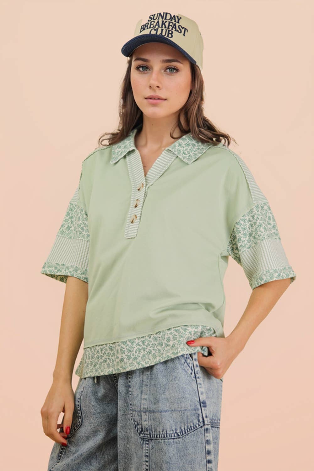 Oversized Half Button Down Collared Knit Top: SAGE