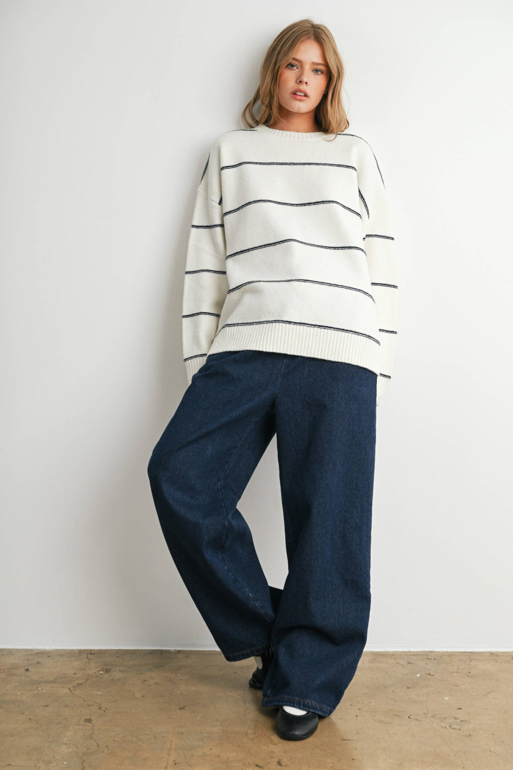 Striped Pattern Drop Shoulder Sweater - BMW7421: TAUPE MULTI / M