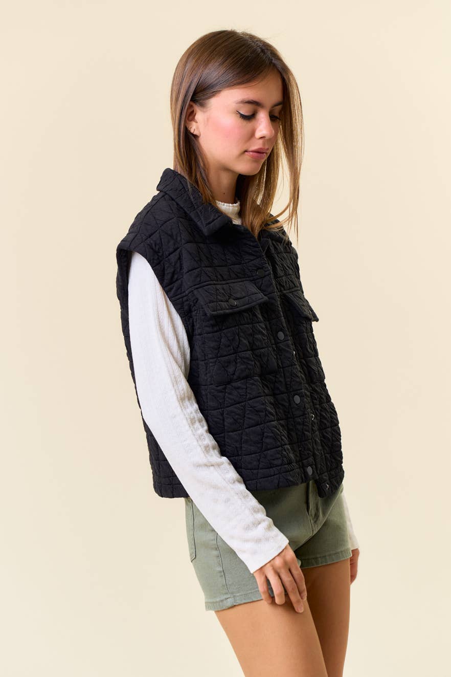 QUILTED POINT COLLAR FLAP PATCHED POCKET VEST