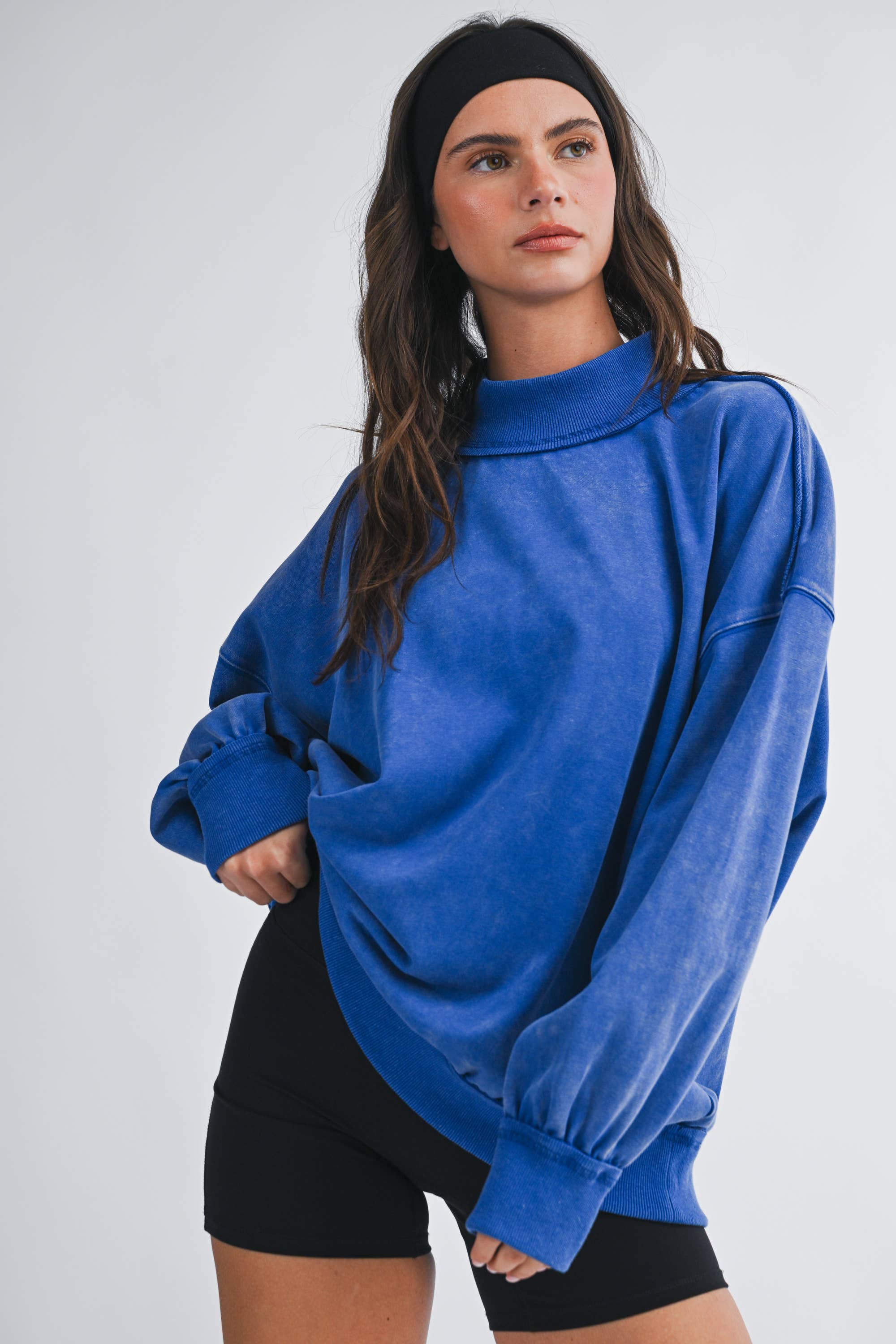 Oversized Mock Neck Washed Sweatshirt: Electric Pink