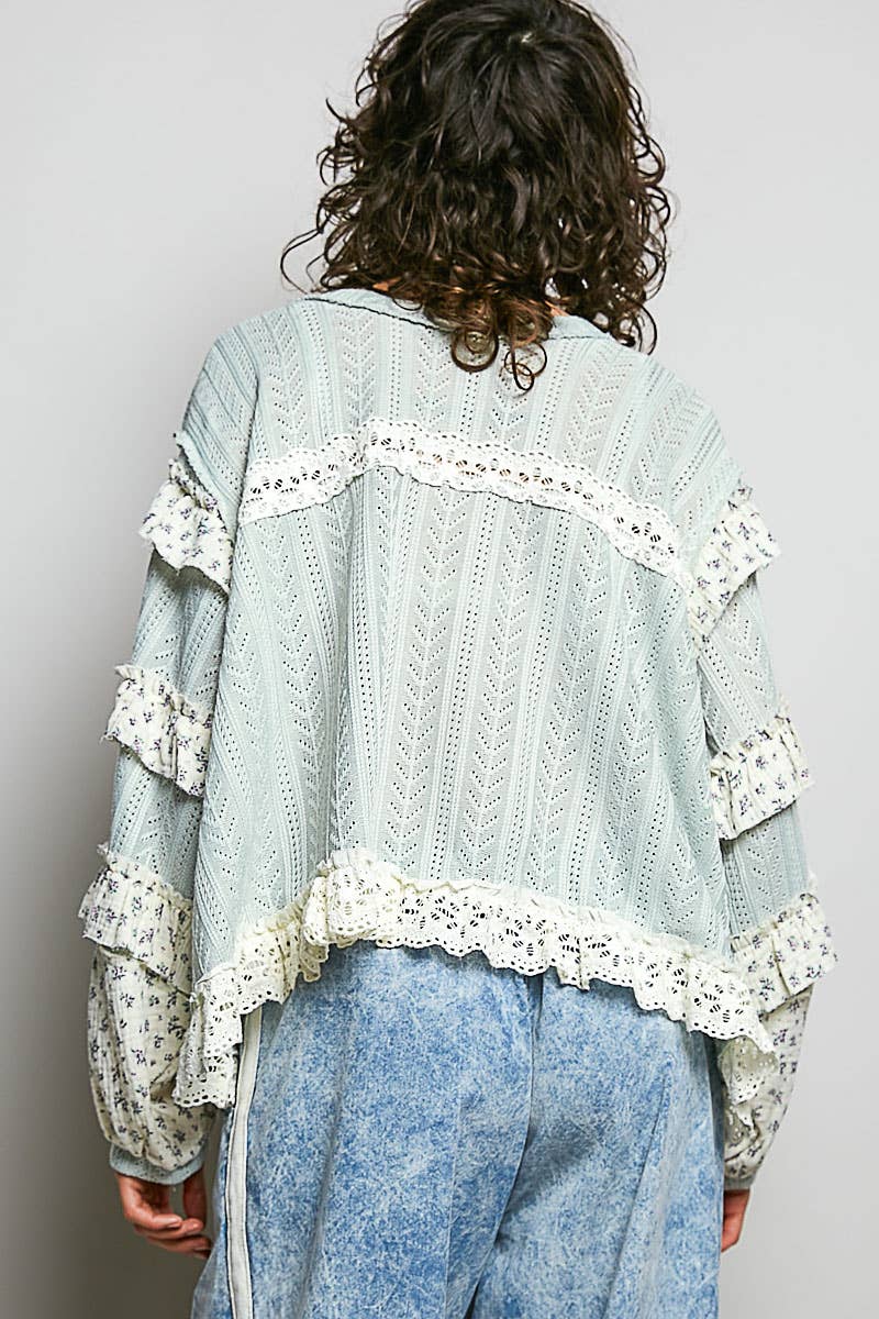 Chevron Knit Lace Inset Ruffle Long Sleeve Top