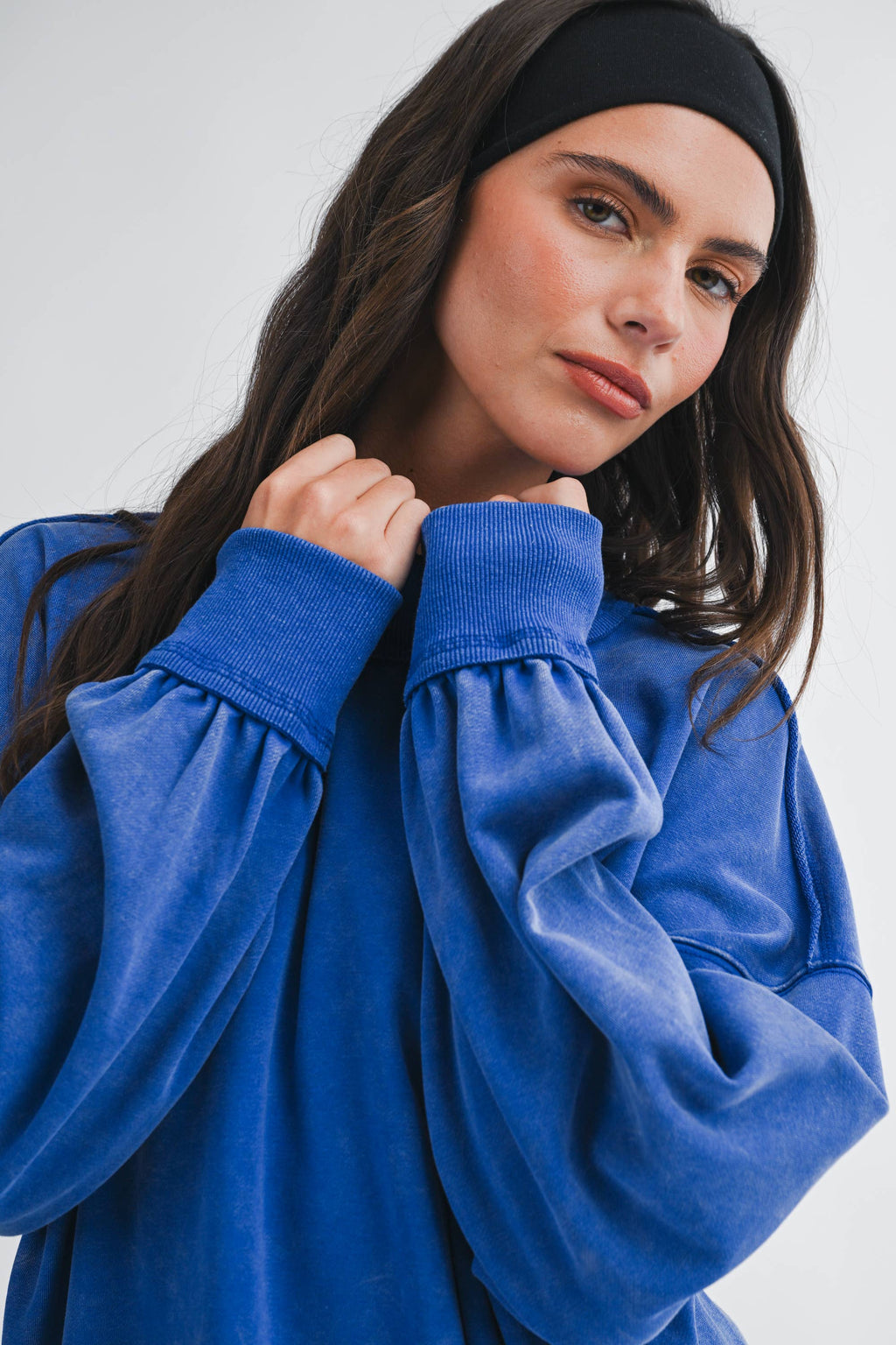 Oversized Mock Neck Washed Sweatshirt: Electric Pink