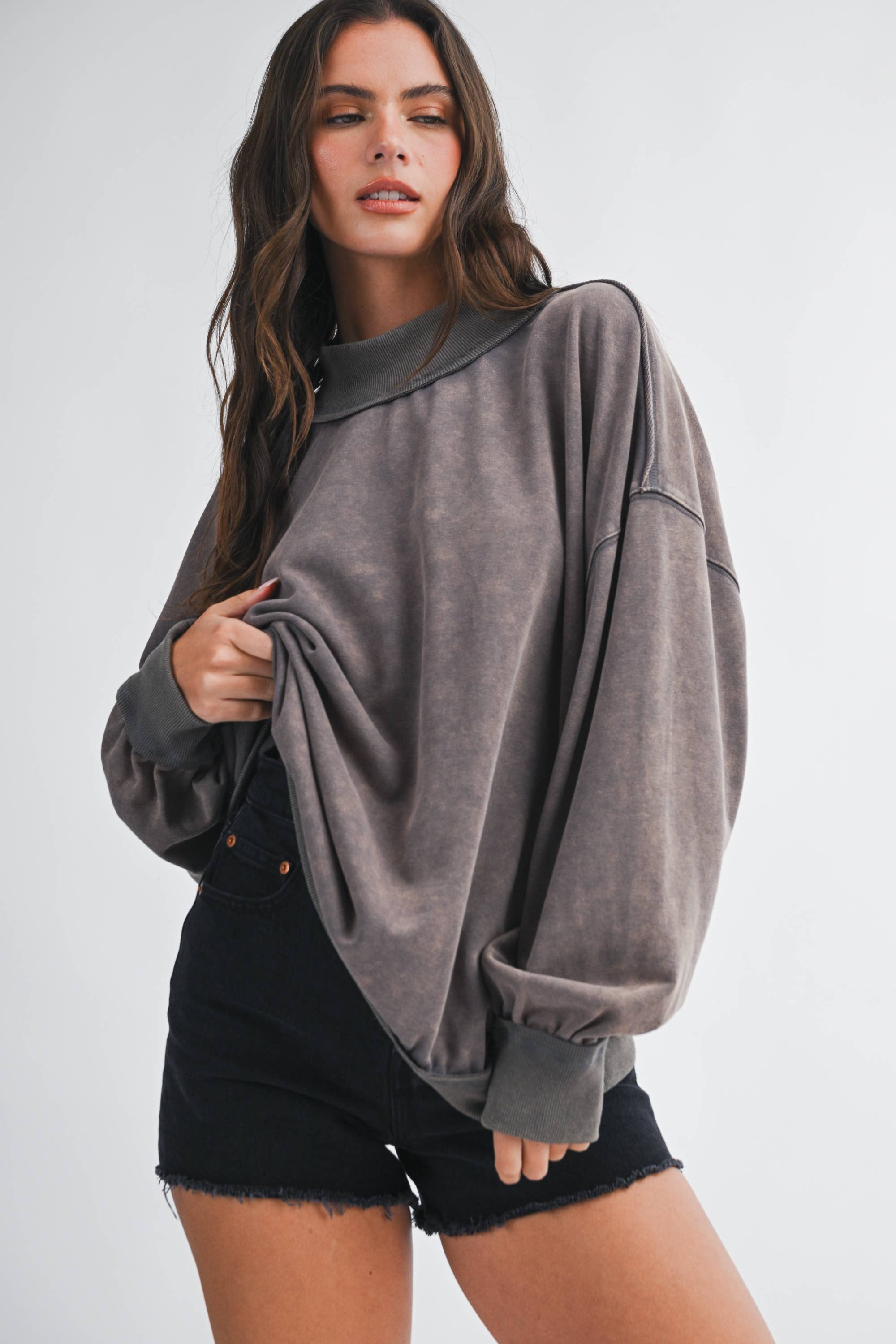 Oversized Mock Neck Washed Sweatshirt: Electric Pink