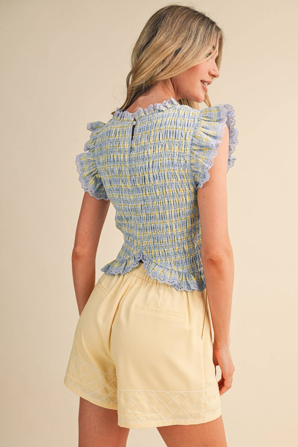 PLAID SMOCKED LACE TRIM TOP: BLUE MULTI CHECKER