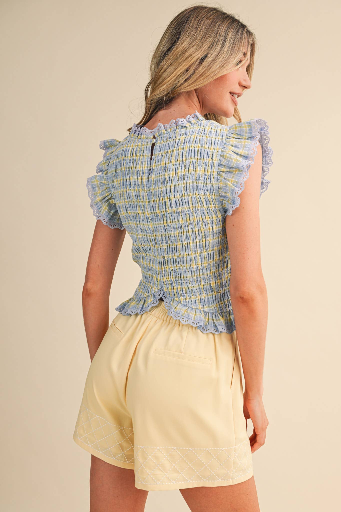 PLAID SMOCKED LACE TRIM TOP: BLUE MULTI CHECKER