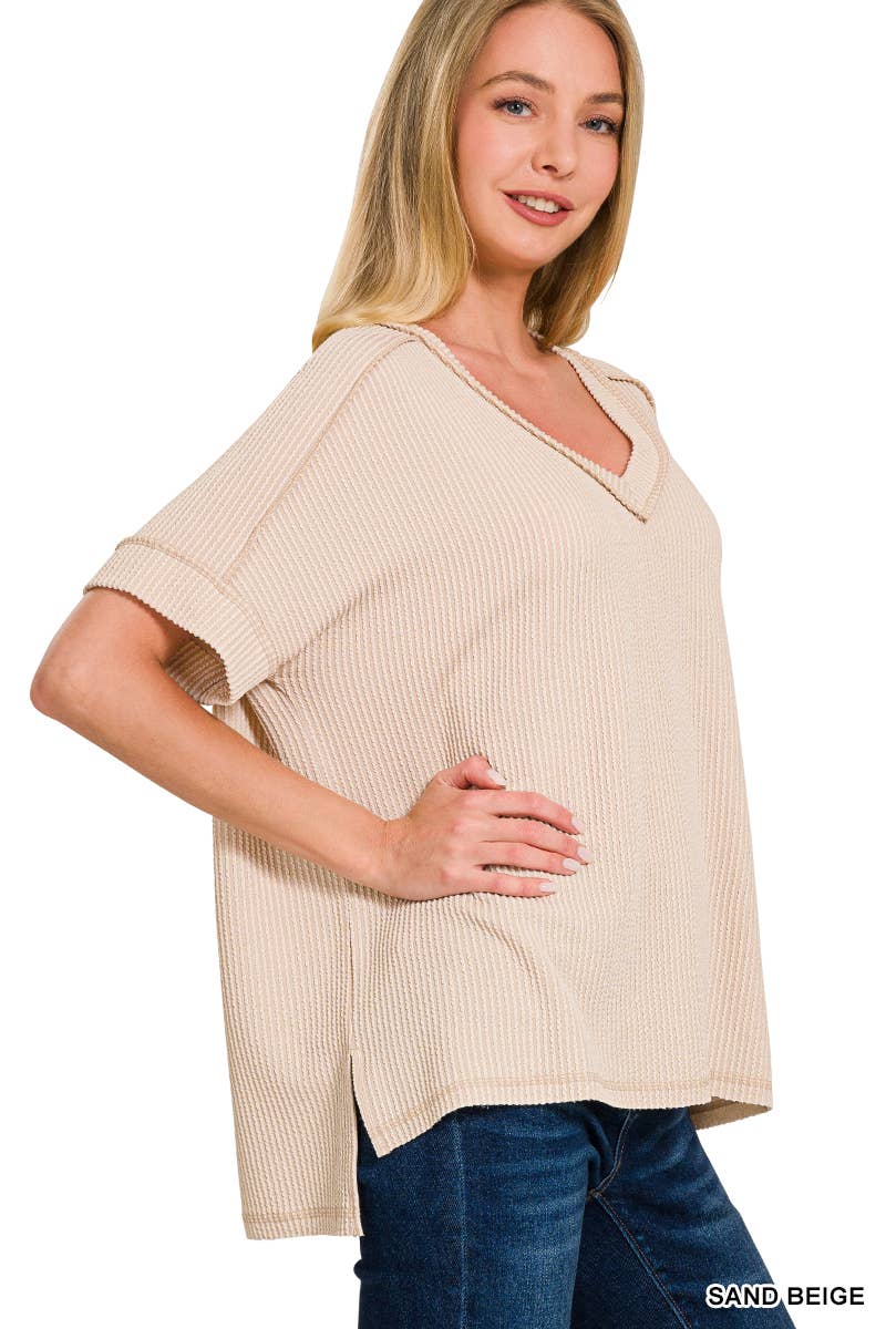 Corded Rib Short Sleeve Hi Low V Neck Top: BRIGHT BLUE