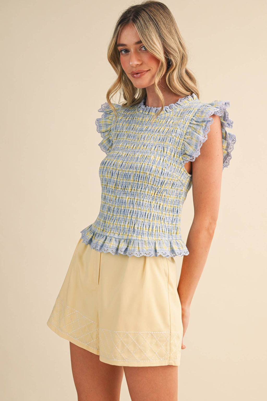 PLAID SMOCKED LACE TRIM TOP: BLUE MULTI CHECKER
