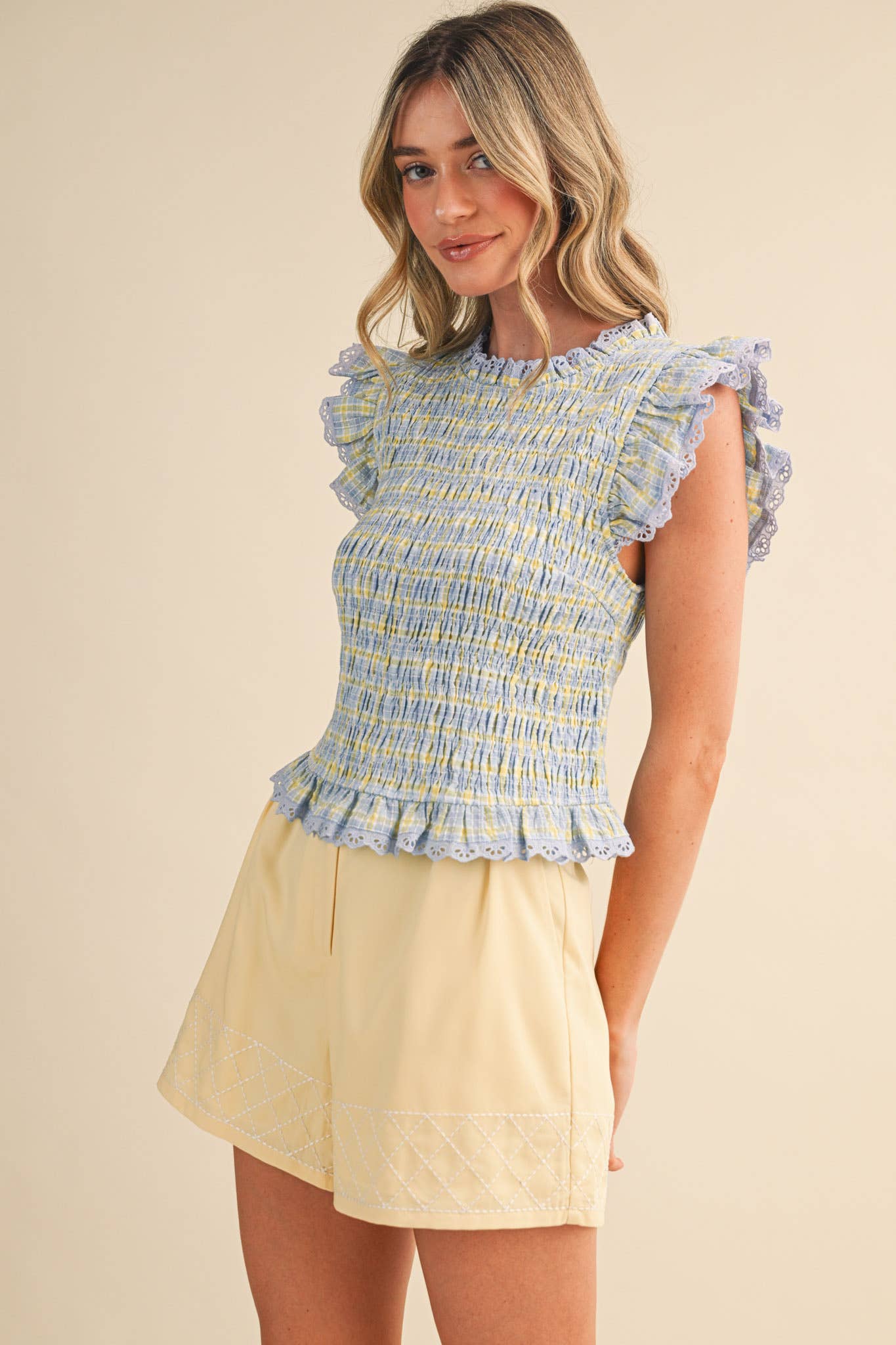 PLAID SMOCKED LACE TRIM TOP: BLUE MULTI CHECKER