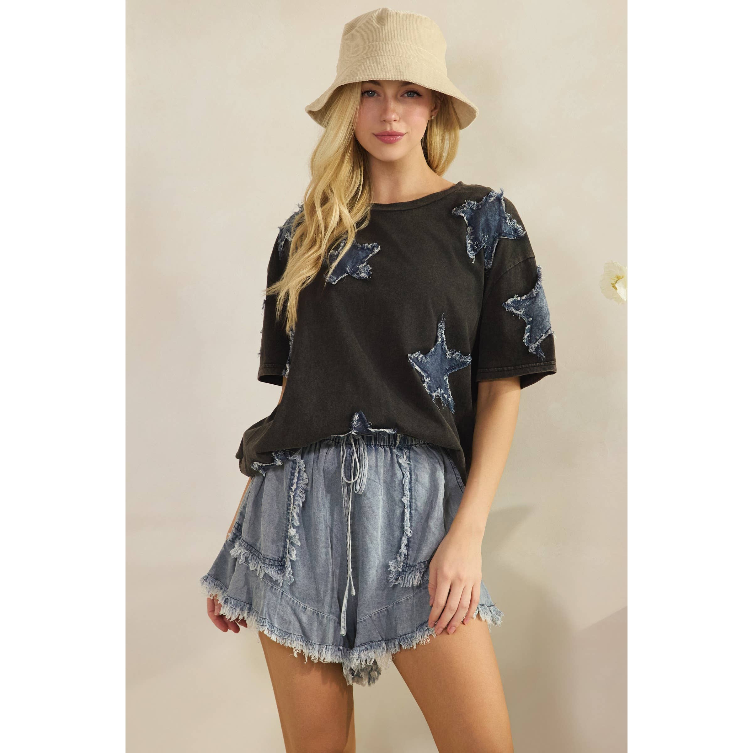 STARLIT DENIM APPLIQUE TEE DUSTY PINK
