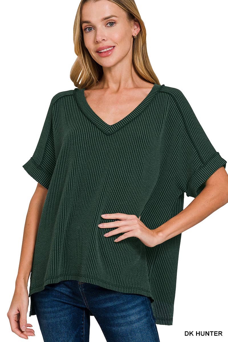 Corded Rib Short Sleeve Hi Low V Neck Top: BRIGHT BLUE