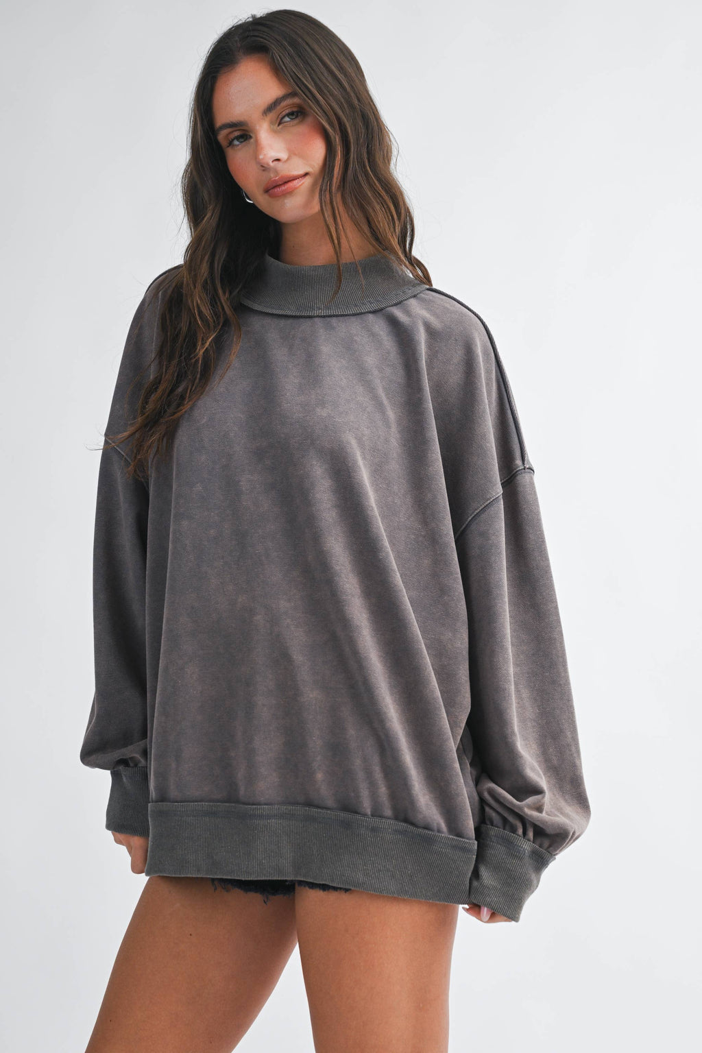 Oversized Mock Neck Washed Sweatshirt: Electric Pink