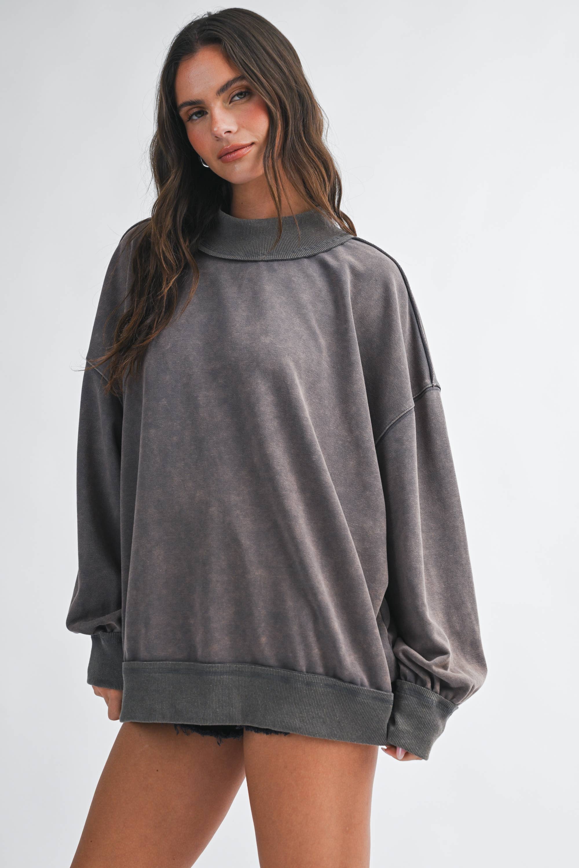 Oversized Mock Neck Washed Sweatshirt: Electric Pink