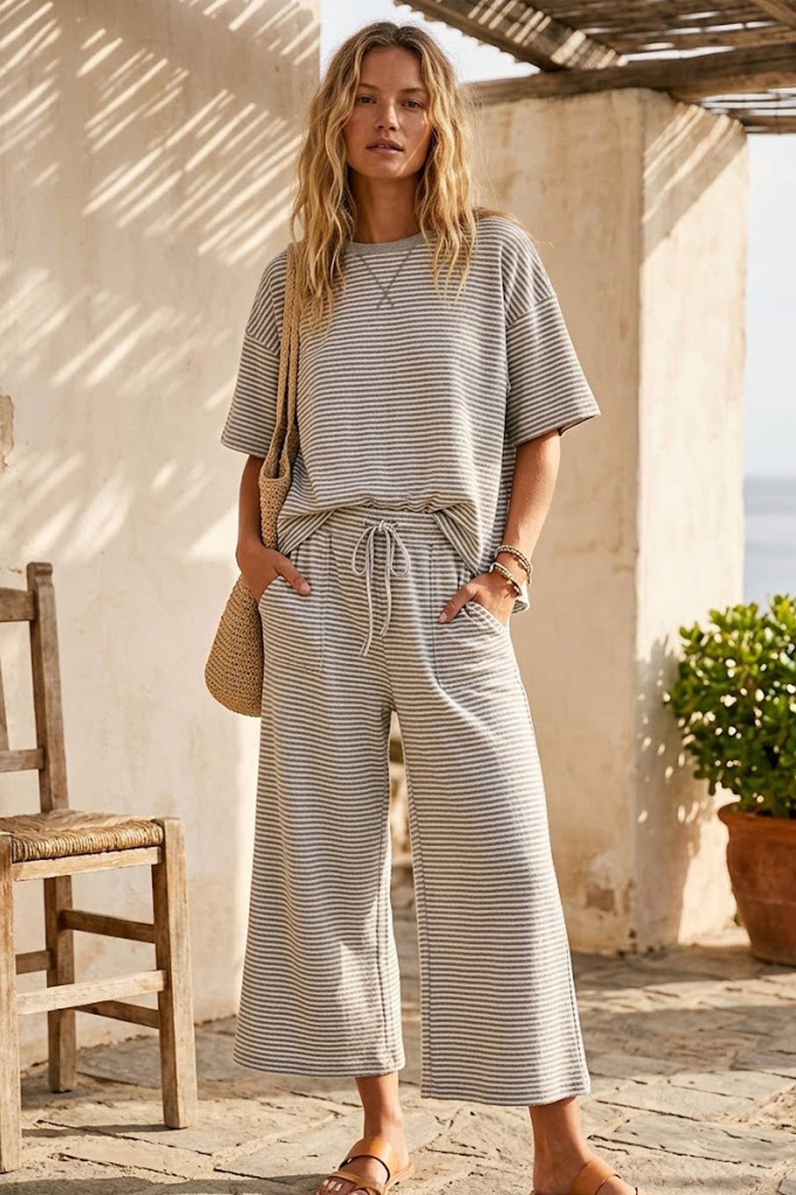 Striped Knit Top and Pants Set: PINK/BROWN