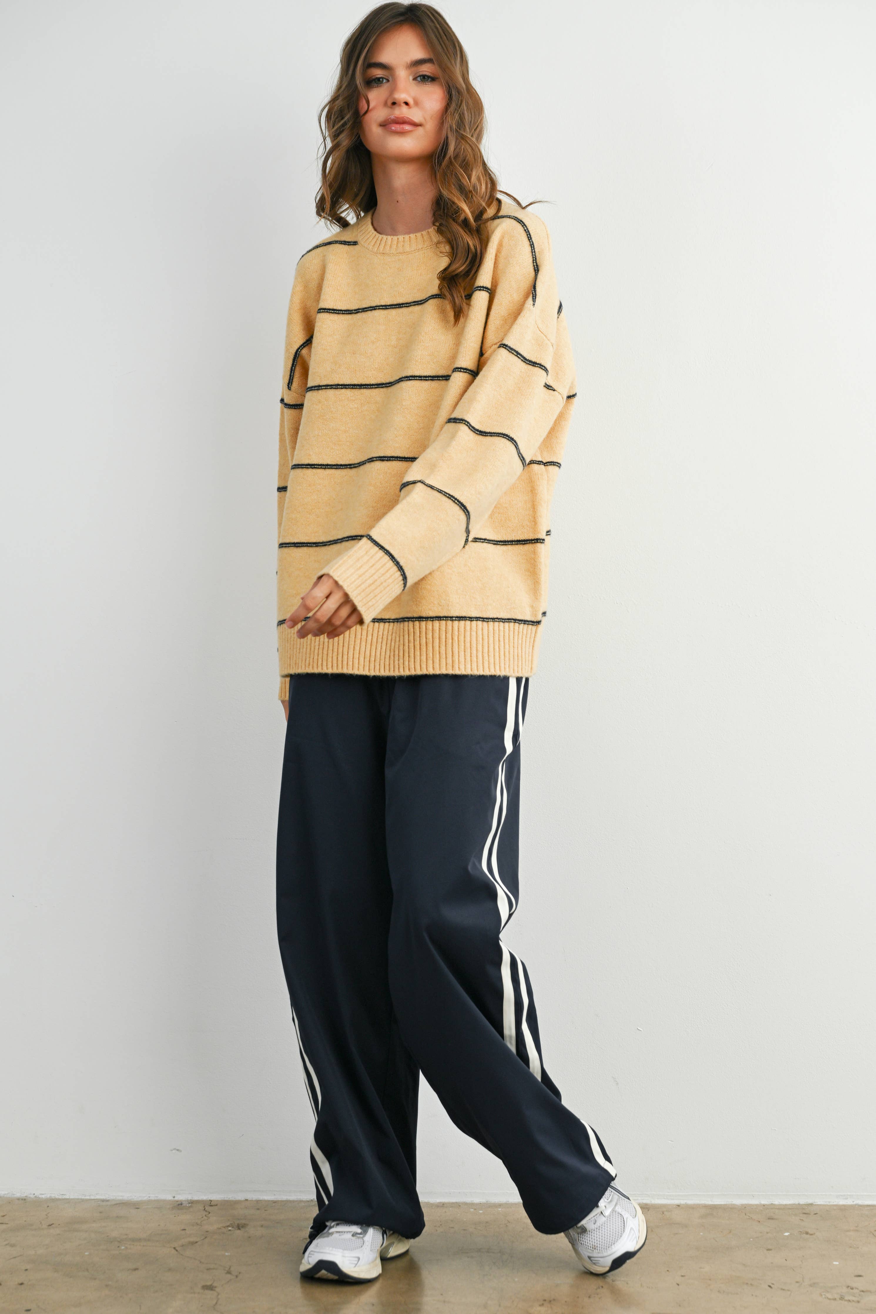 Striped Pattern Drop Shoulder Sweater - BMW7421: TAUPE MULTI / M