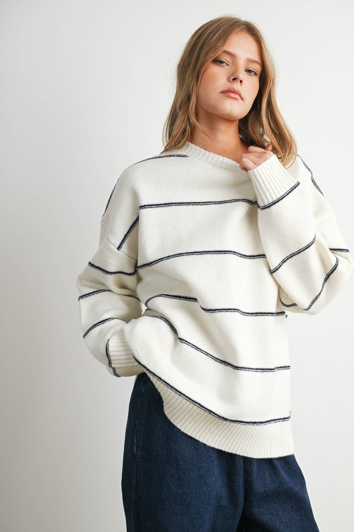 Striped Pattern Drop Shoulder Sweater - BMW7421: TAUPE MULTI / M