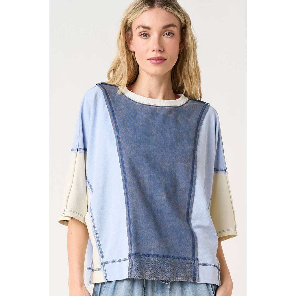 MINERAL WASH COLOR BLOCK RELAXED FIT SHORT SLEEVE TOP: SEAGLOW