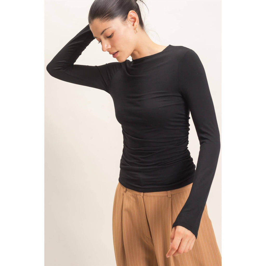 Ruched Long Sleeve Top: BLACK /