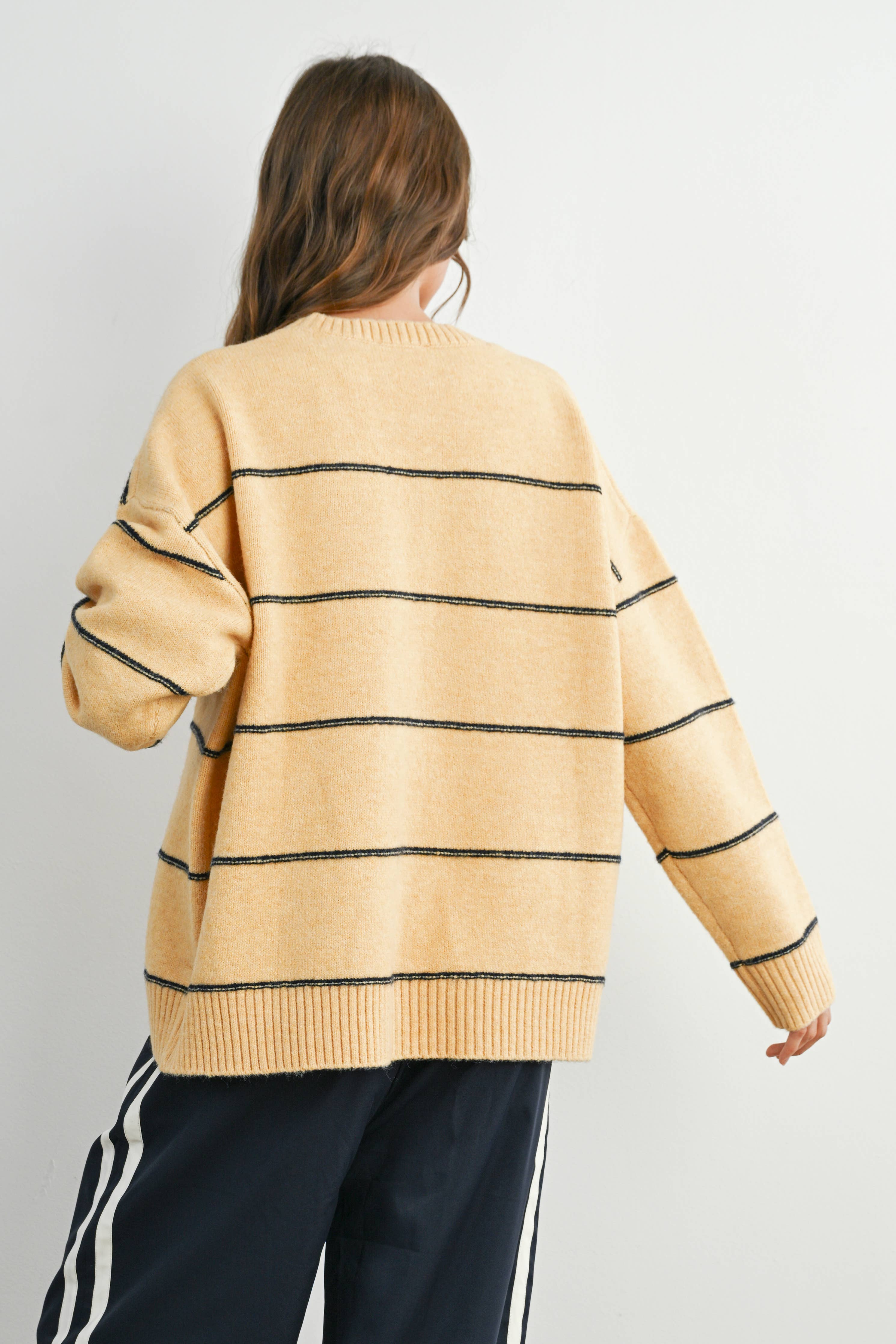 Striped Pattern Drop Shoulder Sweater - BMW7421: TAUPE MULTI / M